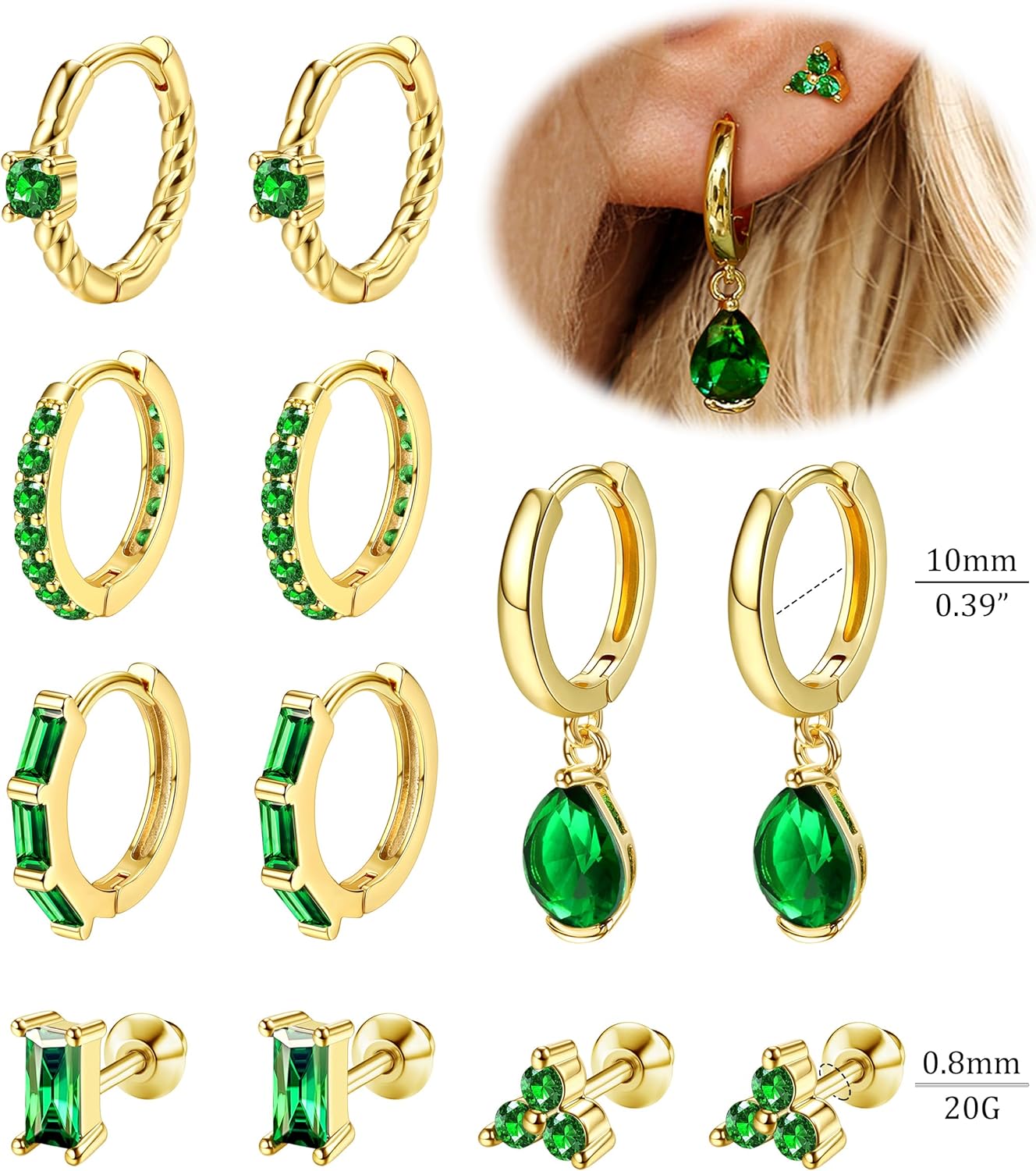 14K Gold Plated Hoop Earrings for Women 6 Pairs Emerald Green Earrings Dainty Small Hoop Earrings Stud Earrings Sets for Multiple Piercing - Image 6