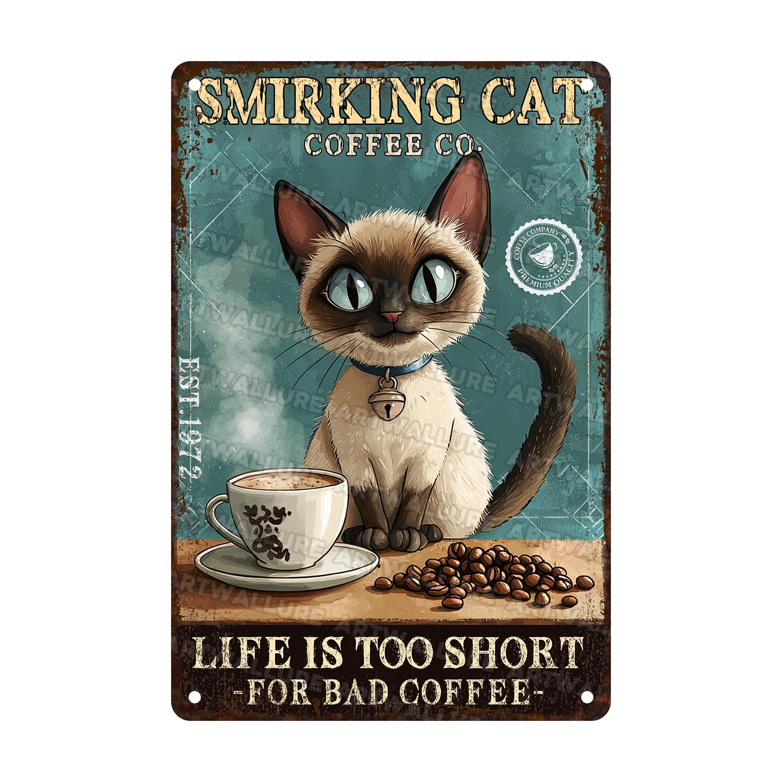 Cat Metal Sign Coffee Lover Decoration Life is Too Short for Bad Coffee Cafe Bar Tin Sign Wall Decor 8x12inch