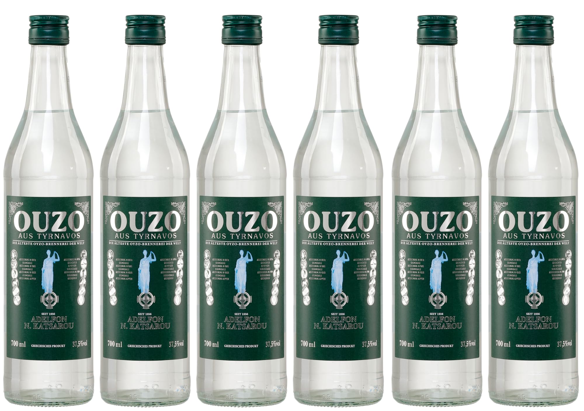 Ouzo Tirnavou green 6x 0,7l 37,5% | Aus der ältesten Ouzo Destillerie der Welt | Katsaros Distillery seit 1856 | Milder Ouzo | + 20ml Jassas Olivenöl