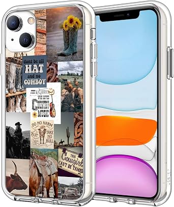 Compatible with iPhone 13 Case - Western Cowboy Cowgirl Country Aesthetic Collage Protective Case with Unique Design for Women Girls Shockproof Cover Case