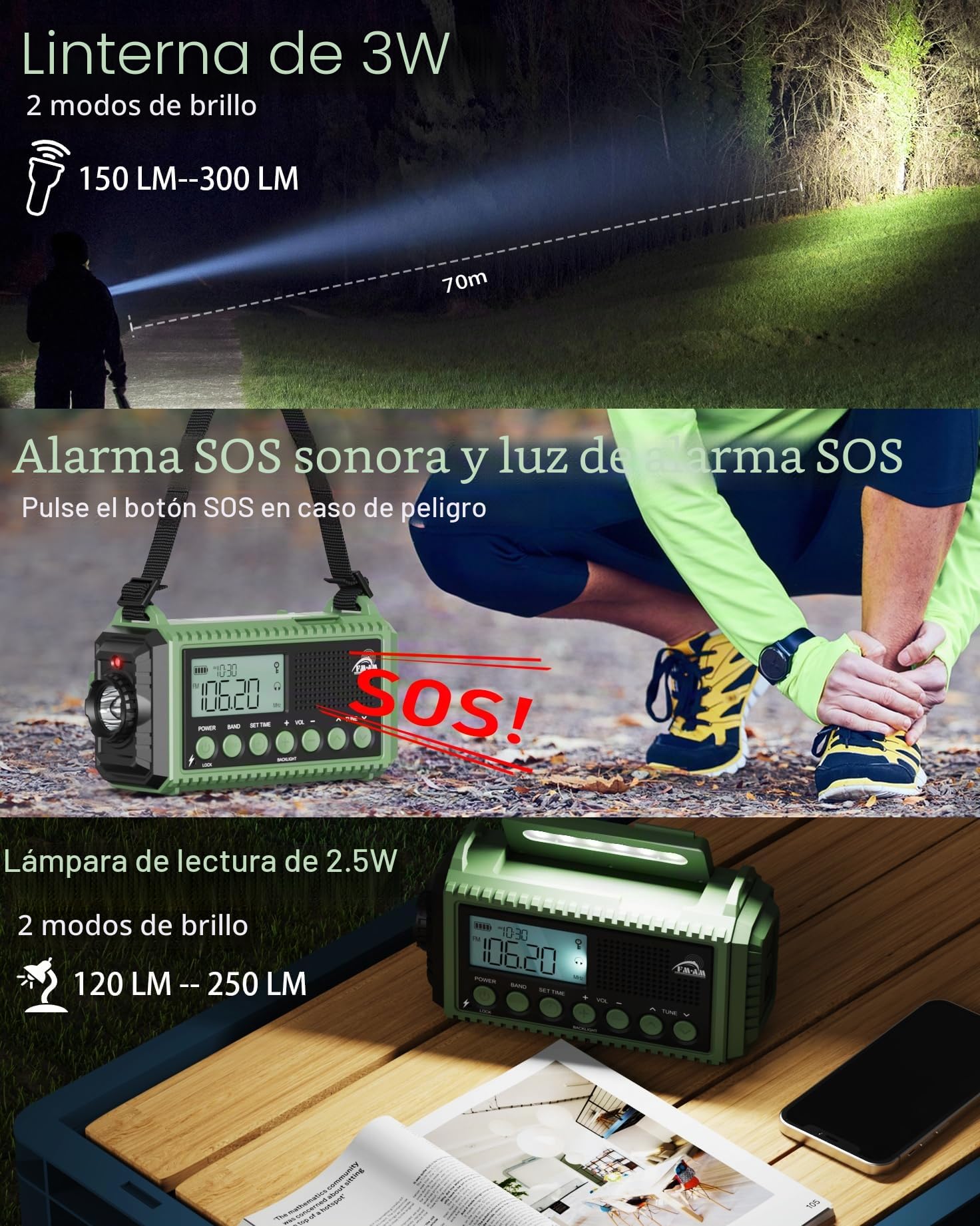 Roxicosly Radio de emergencia AM/FM/SW - Radio solar portátil con batería de 12000 mAh, pantalla LCD, linterna y luz de lectura, USB, alarma SOS, manivela de mano, equipo de emergencia para camping,