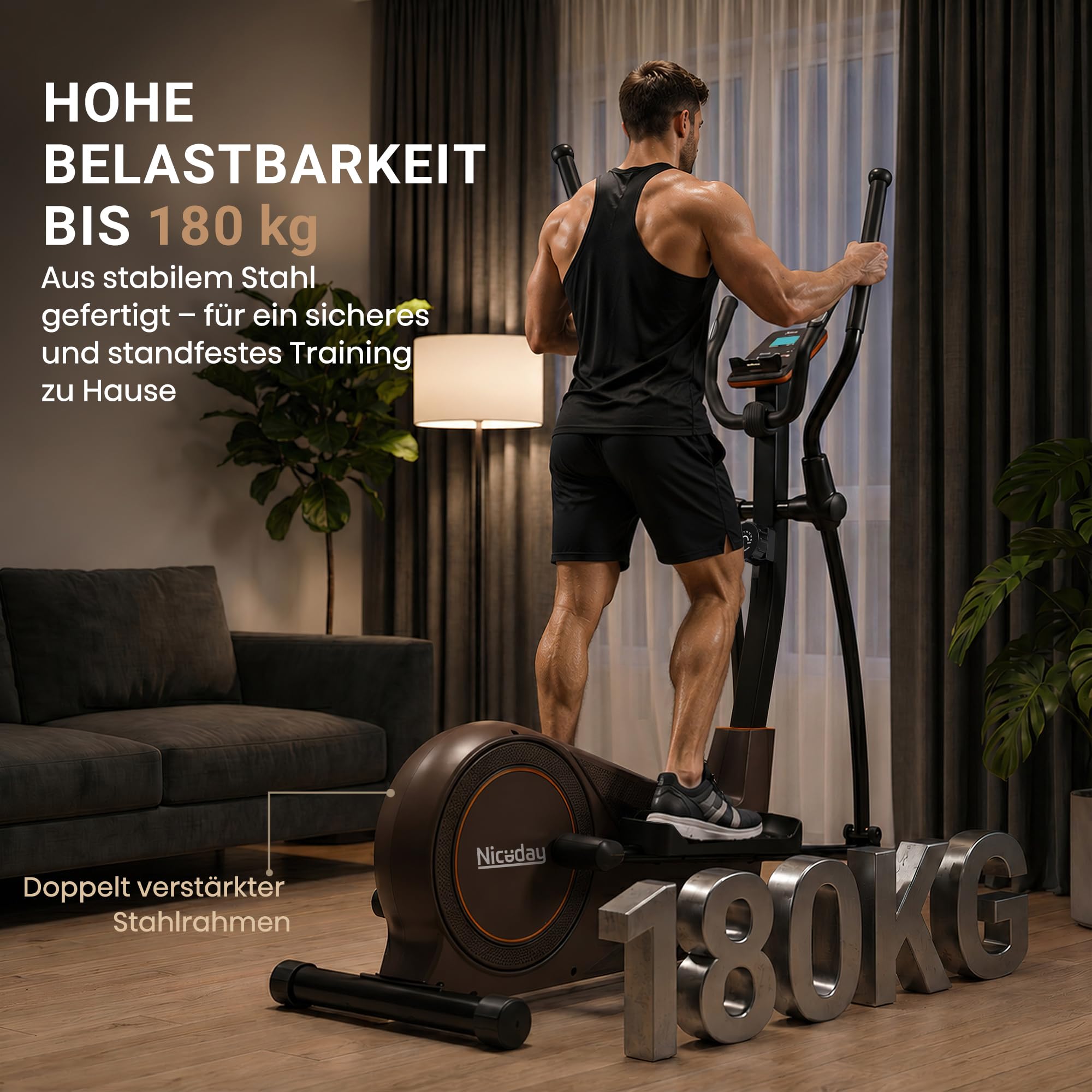 Ellipsentrainer mit 51 cm Schrittlänge, Crosstrainer für Zuhause, 32 Magnet-Widerständen und 20-stufiger Power-Incline (Black+Gold)