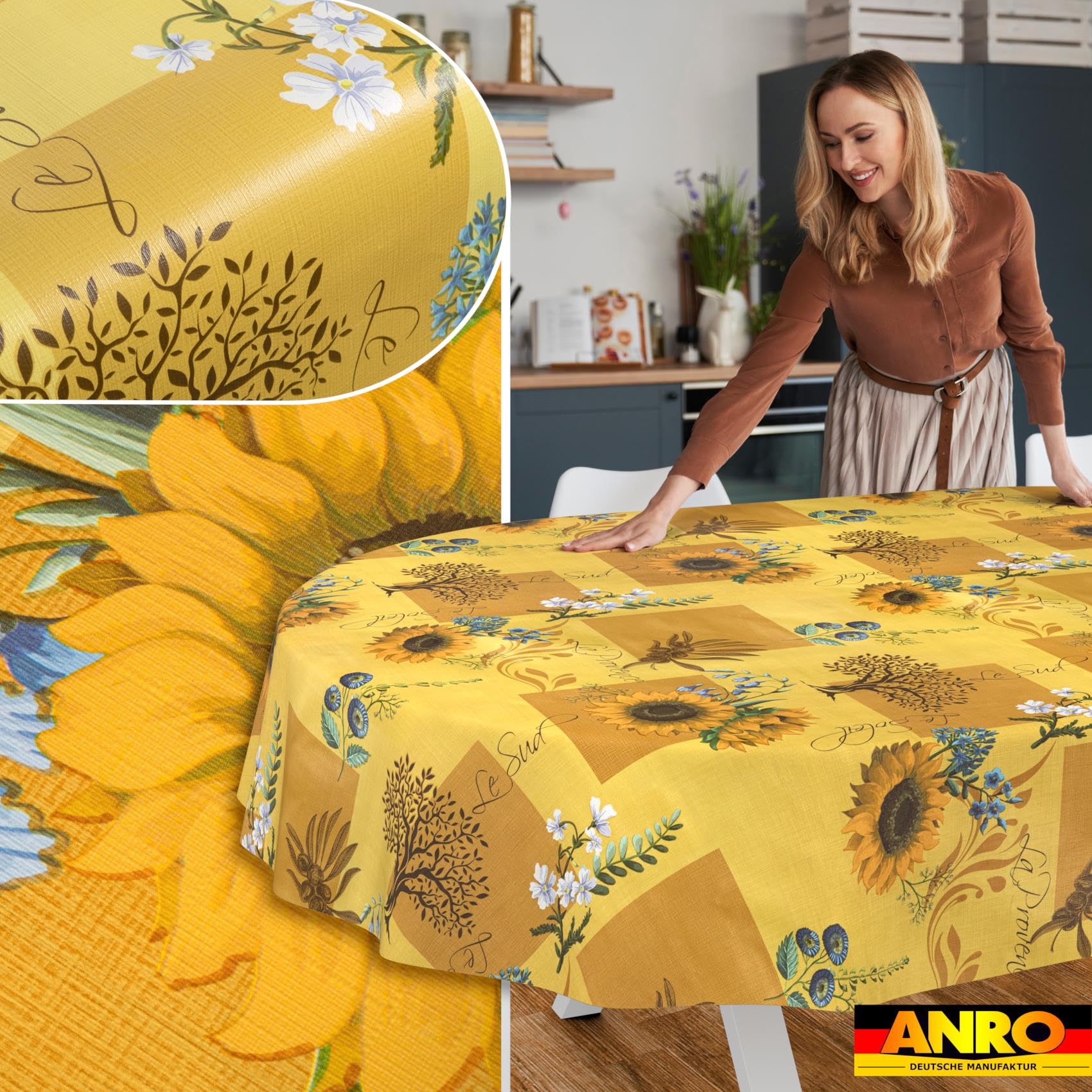 Wachstuchtischdecke Tischdecke abwaschbar Wachstischdecke pflegeleicht wasserabweisend Lotuseffekt Gartentischdecke Sonnenblume Oval 180 x 140 cm Schnittkante