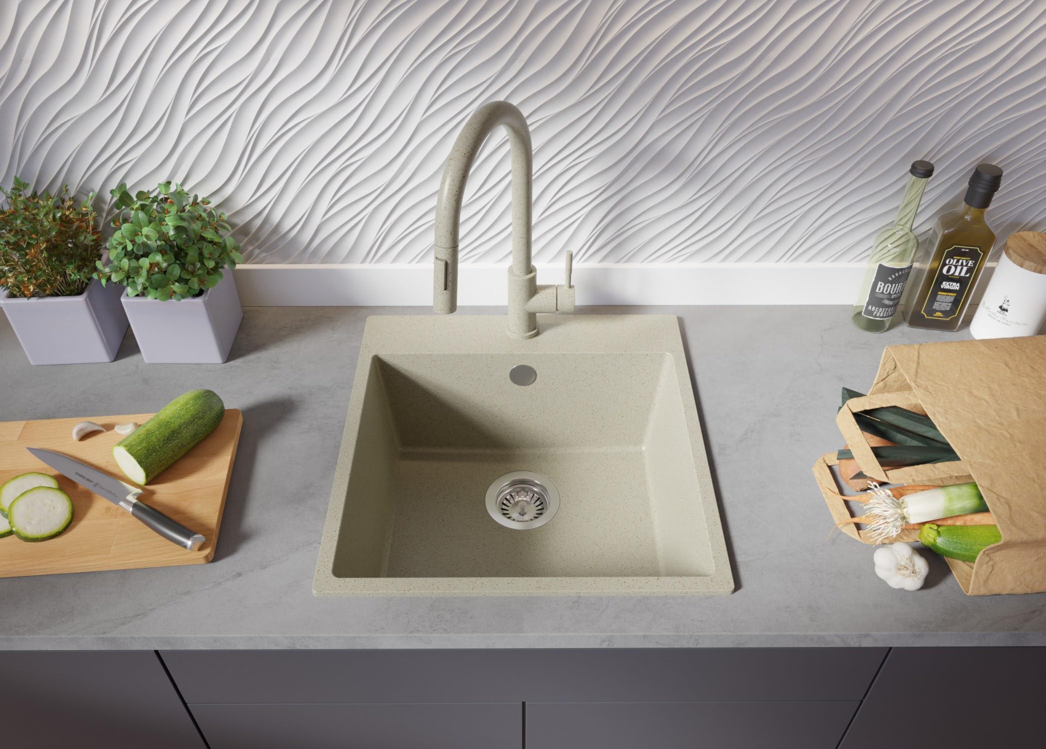 PRIMAGRAN Fregadero Cocina Beige - Riga, 48x50cm | Granito 1 Seno + Sifón, sobre Encimera al Mueble 50cm (S220)