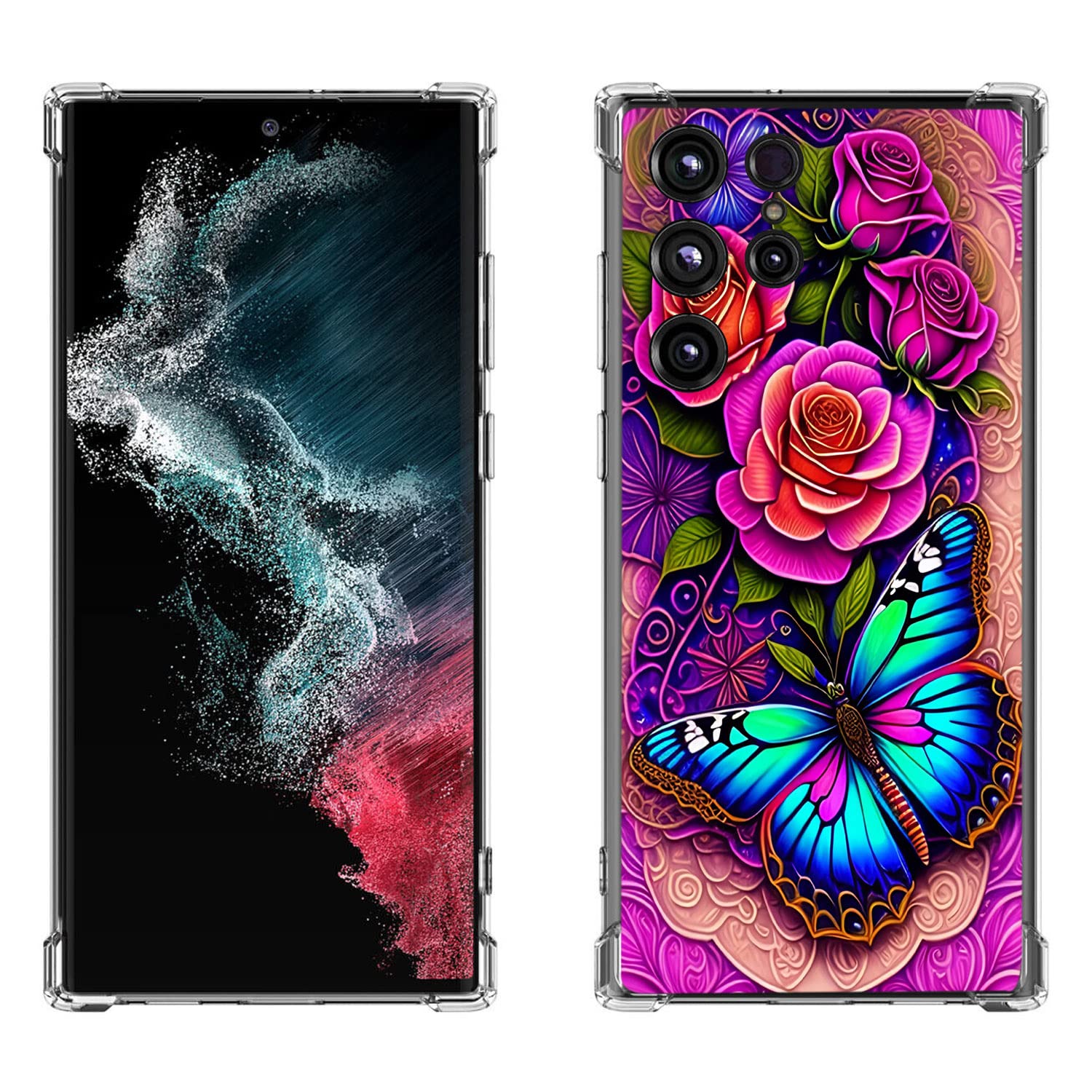 Beaucov Galaxy S23 Ultra Case,Blue Butterfly Flowers Rose Drop Protection Shockproof Case TPU Full Body Protective Scratch-Resistant Cover for Samsung