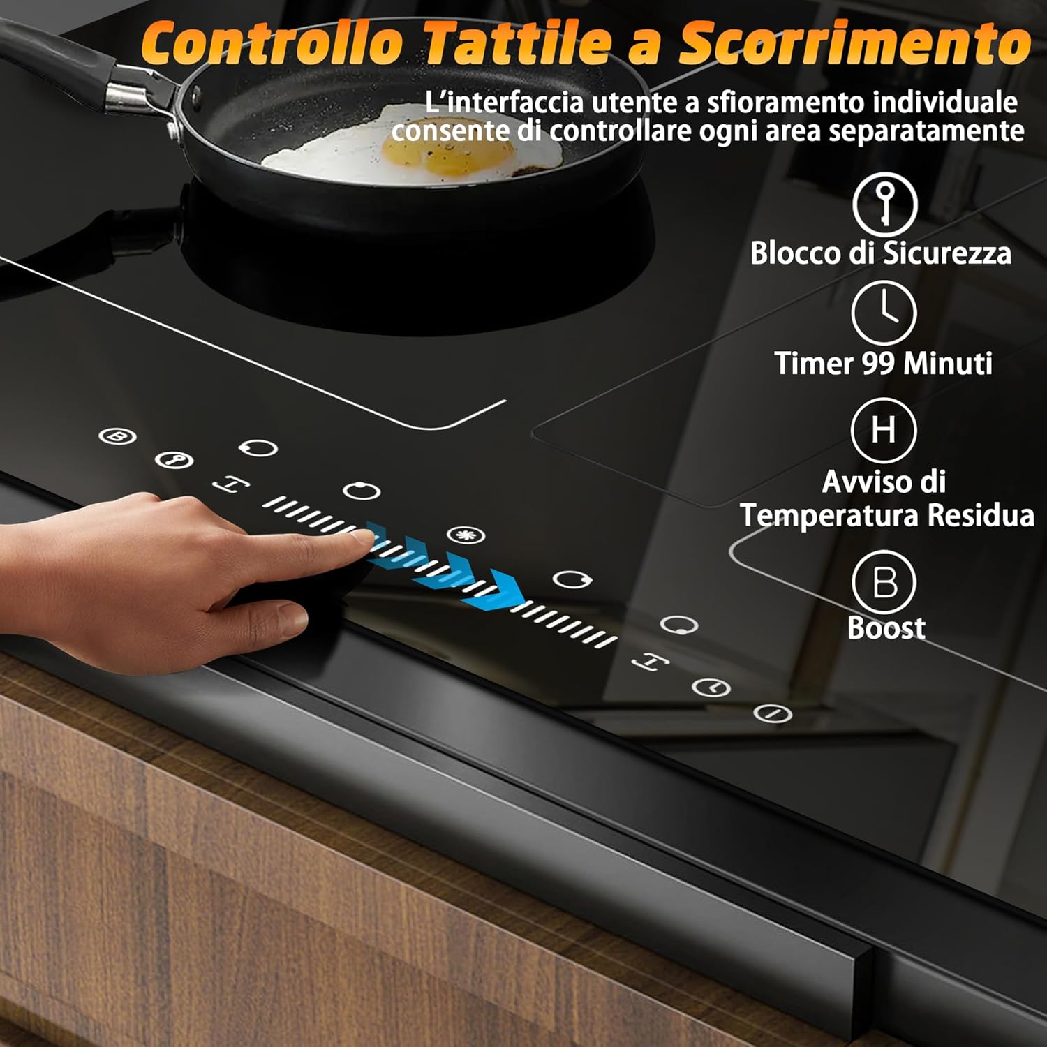Karinear induction cooktop touch control panel with icons for safety lock, timer, residual heat, and boost
