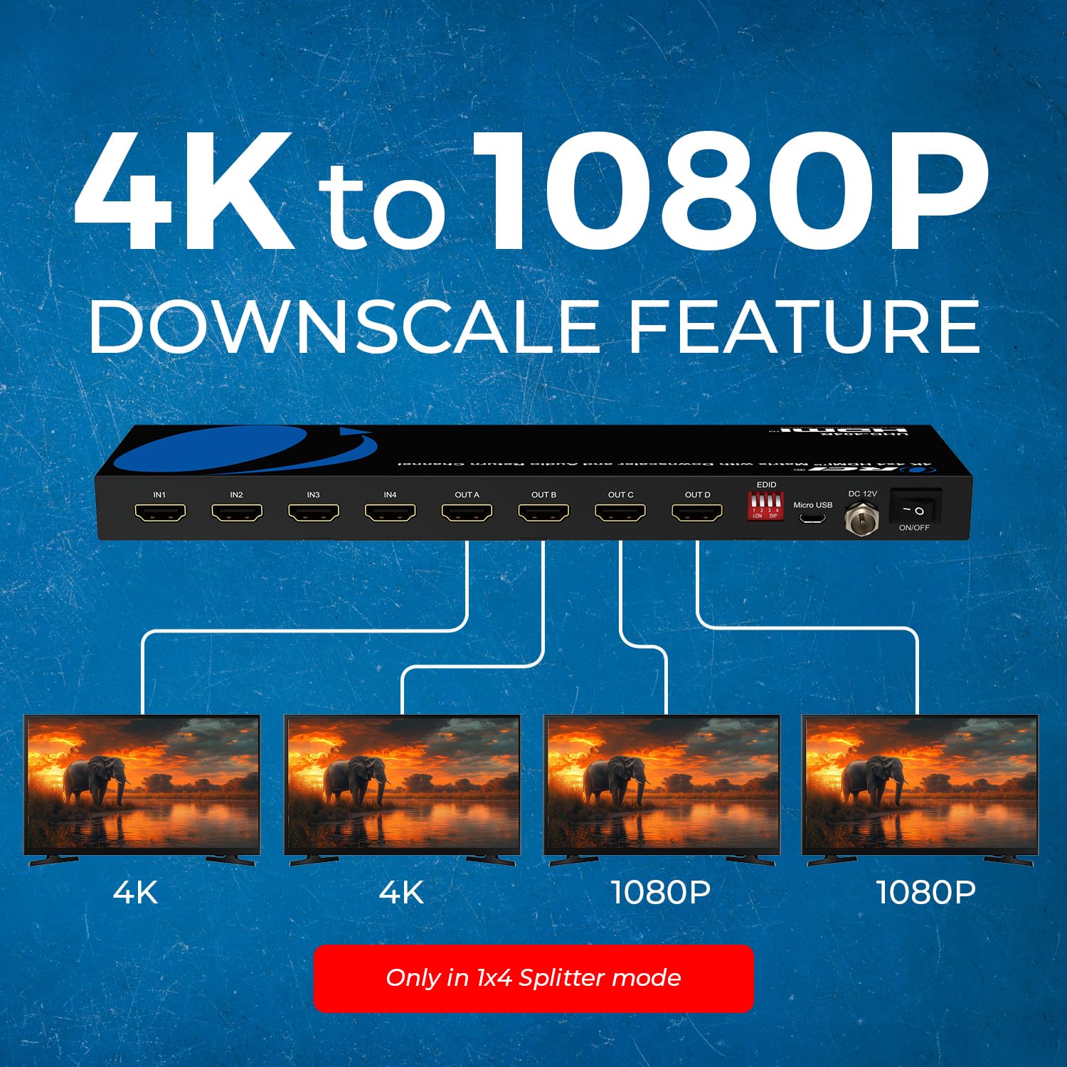 OREI Divisor de matriz HDMI 4x4 4K, (4 entradas, 4 salidas) interruptor con control remoto, escala automática 4K a 1080p, compatible con HDR10 (UHD-404R)