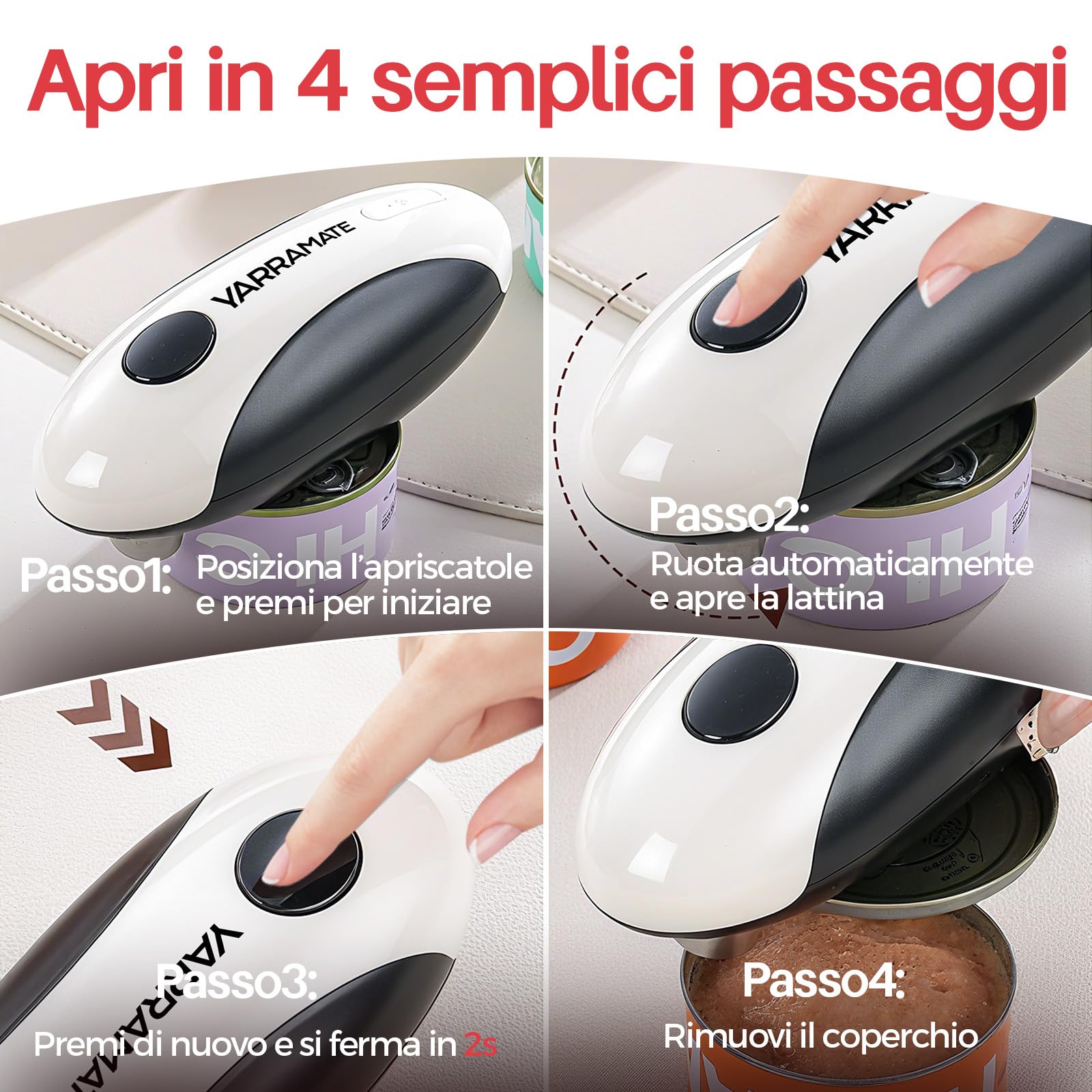 YARRAMATE Apriscatola elettrica ricaricabile – apriporta scatola di conservazione automatica a un tasto, bordo liscio, mani libere per anziani, con borsa portaoggetti, portatile da viaggio campeggio