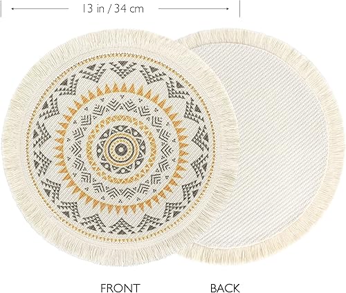 Miniatura 10 de LOMOHOO Juego de 4 manteles individuales redondos de 13 pulgadas, estilo bohemio, de algodón, con borlas de mandala, a prueba de calor, lavables,