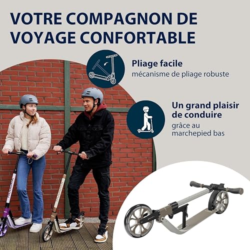 HUDORA BigWheel® 205 Advanced Scooter - ivory - Comfortable aluminium scooter for up to 100kg - Height-adjustable & foldable city scooter - Kick scooter for children/teenagers & adults - 4