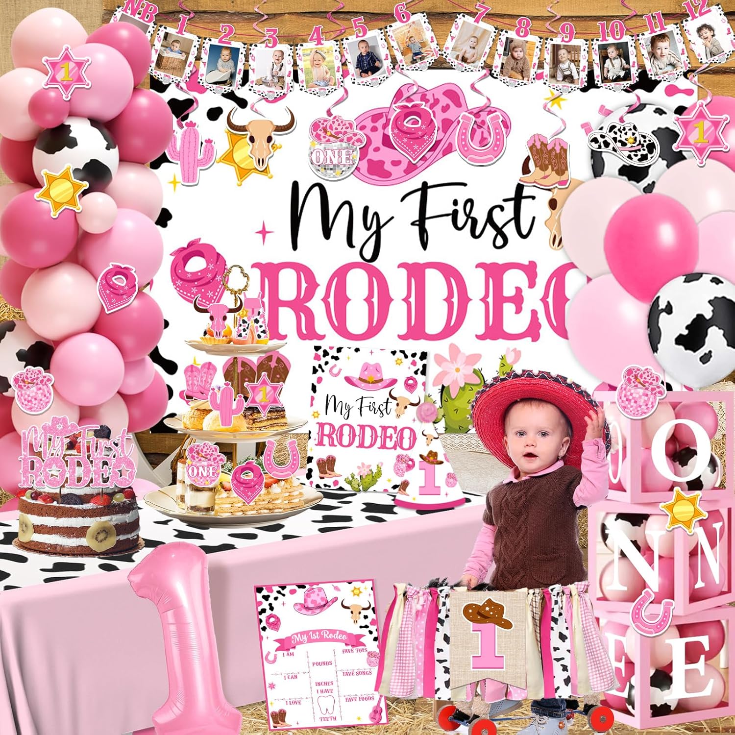 155Pcs My First Rodeo Decorations Girl,Western Cowgirl 1st Birthday Balloon Arch,Banner,ONE Box,Tablecloth Theme Party Supplies for Baby Girl 1st Birthday,Girls Baby Shower Party