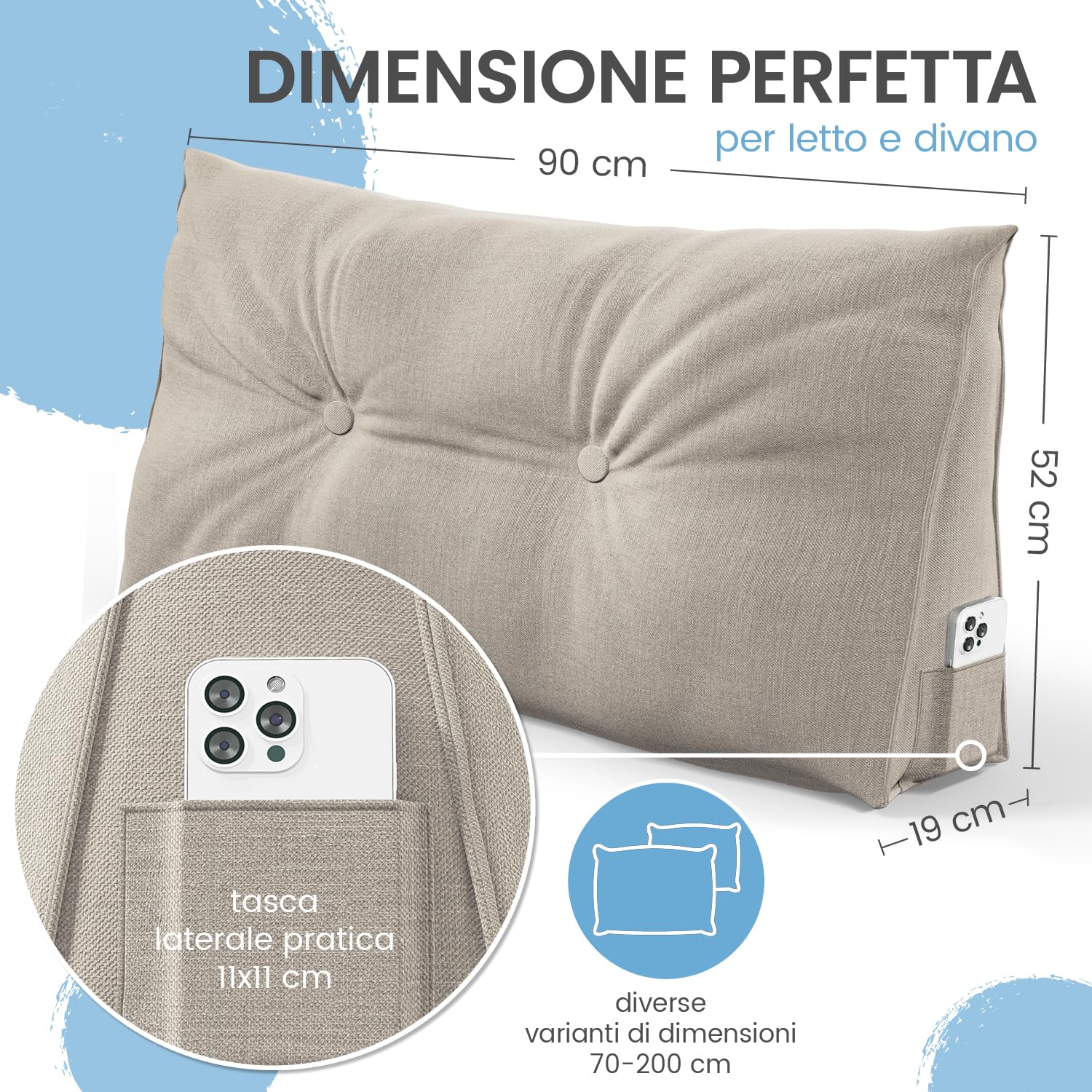 ELONEO Cuscino schienale 90 cm di larghezza, cuscino angolare adatto per letto e divano