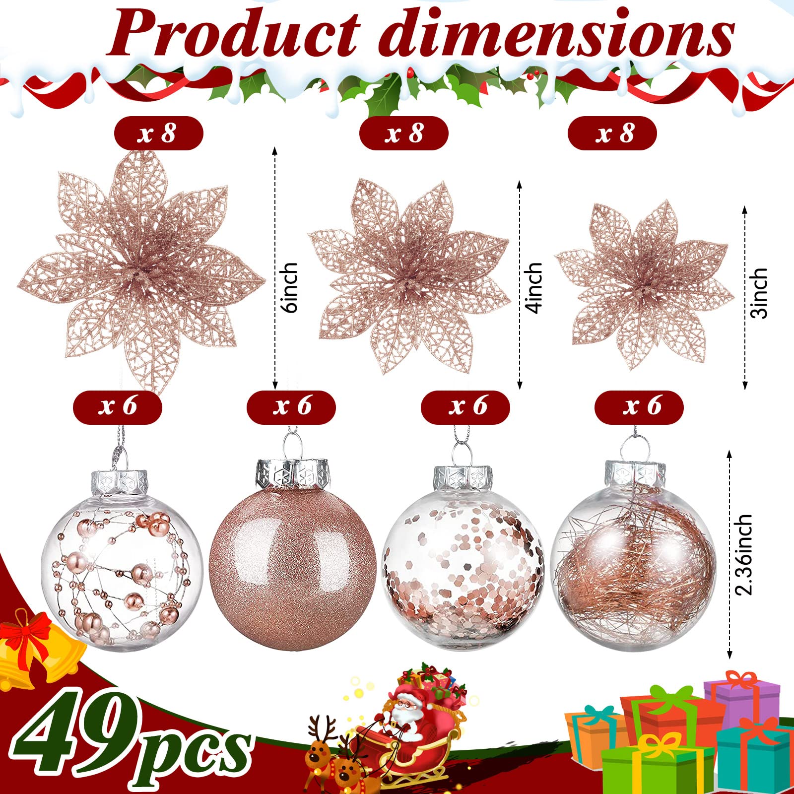 49 Pièces Set de Décoration de Sapin de Noël 24 Fausses Fleurs de Poinsettia de Noël à Paillettes Nœud Topper d’Arbre de Noël 24 Boules de Noël 2,36 Pouces pour Noël Nouvel an (Or Rose)