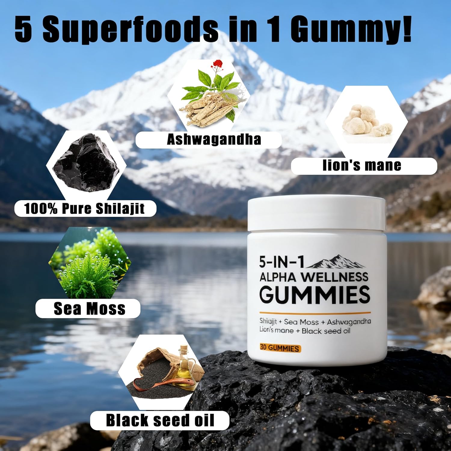 5 in 1 Alpha Wellness Gummies, Shilajit Gummies for Men, with Shilajit | Ashwagandha | Sea Moss | Lion's Mane | Black Seed Oil, 85+ Trace Minerals, No Added Sugar 30 Gummies