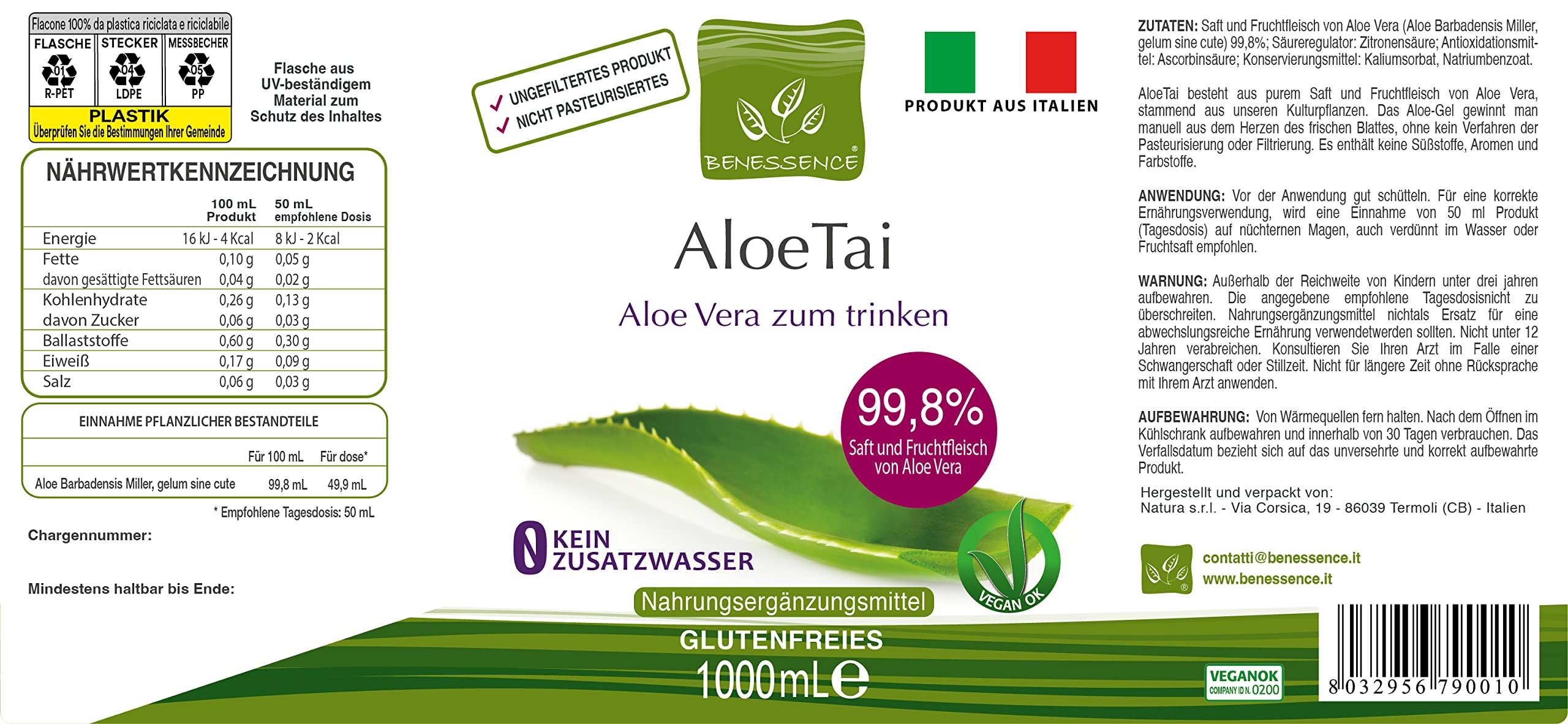 Benessence - Aloe Juice: Aloe Vera-Saft mit Echtem Fruchtfleisch – Nicht Pasteurisiert und Ungefiltert - 3 L
