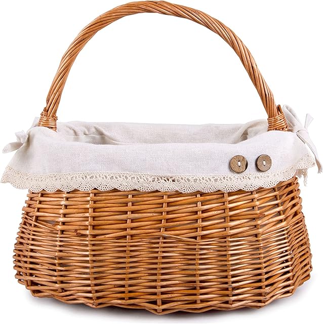Cute Lovely Natural Wicker Basket with Handle with Liner Toy Shopping Basket Gift Hamper Nursery Storage Basket Wedding Decoration (Honey)
