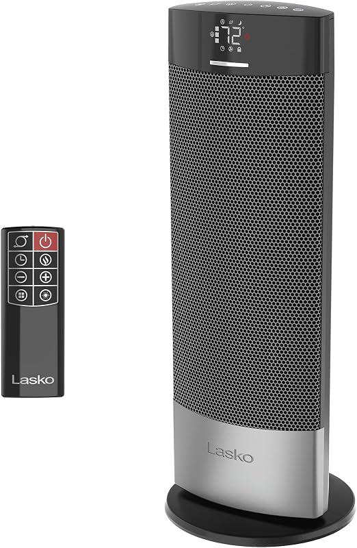 Calentador de torre de cerámica Ellipse para el hogar con interruptor volcable, bloqueo para niños, pantalla digital, termostato, oscilación amplia, control remoto, temporizador, para dormitorio, oficina, sala de estar, estudio, 1500 W, negro, CT18950 | Para el hogar, interruptor antivuelco, bloqueo para niños, pantalla digital, termostato, control remoto, temporizador, para dormitorio, oficina, sala de estar, 1500 W