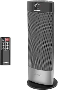 Lasko Ellipse Ceramic Tower Heater for Home with Tipover Switch, Child Lock, Digital Display, Thermostat, Wide Oscillation, Remote, Timer, For Bedroom, Office, Living Room, Den, 1500W, Black, CT18950