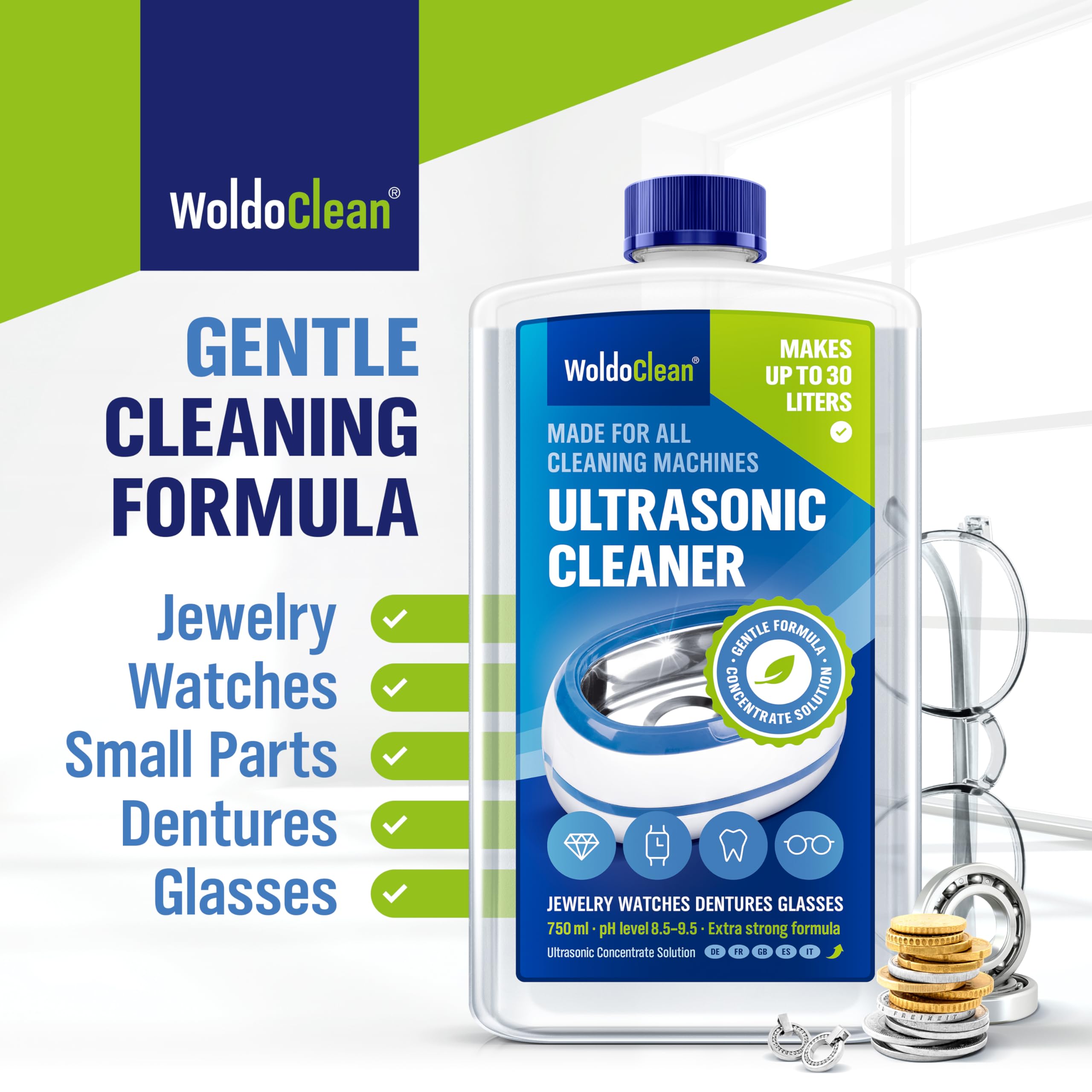 Detergente a ultrasuoni concentrato 2x 750ml per occhiali e gioielli - sufficienti per 60 litri di soluzione detergente