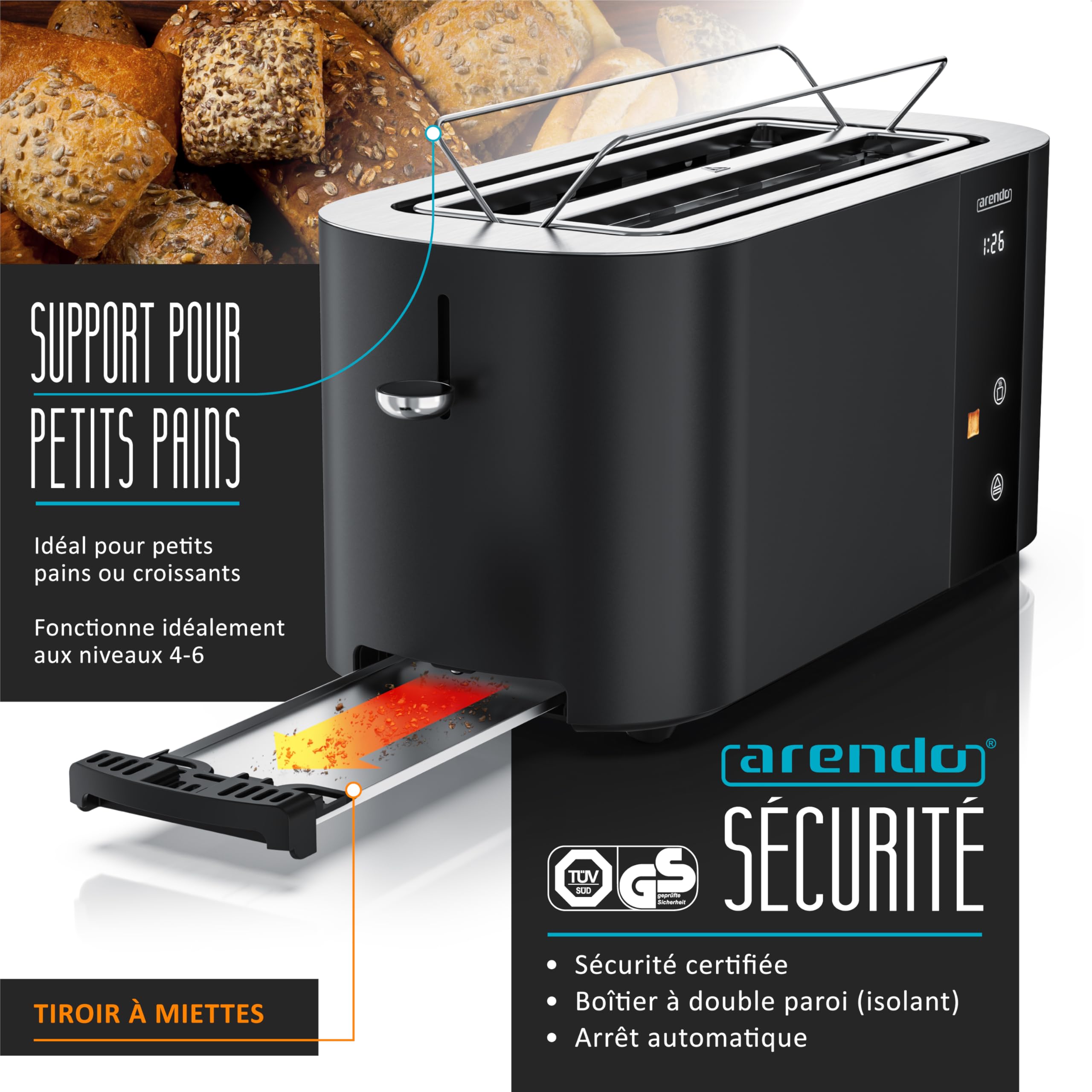 Arendo - Grille-pain Fentes longues Tranches Toaster Arendo Affichage couleur des niveaux de brunissage, Écran avec minuterie, Commandes tactiles, Réchauffe-Viennoiseries Niveaux de brunissage 1 à 6
