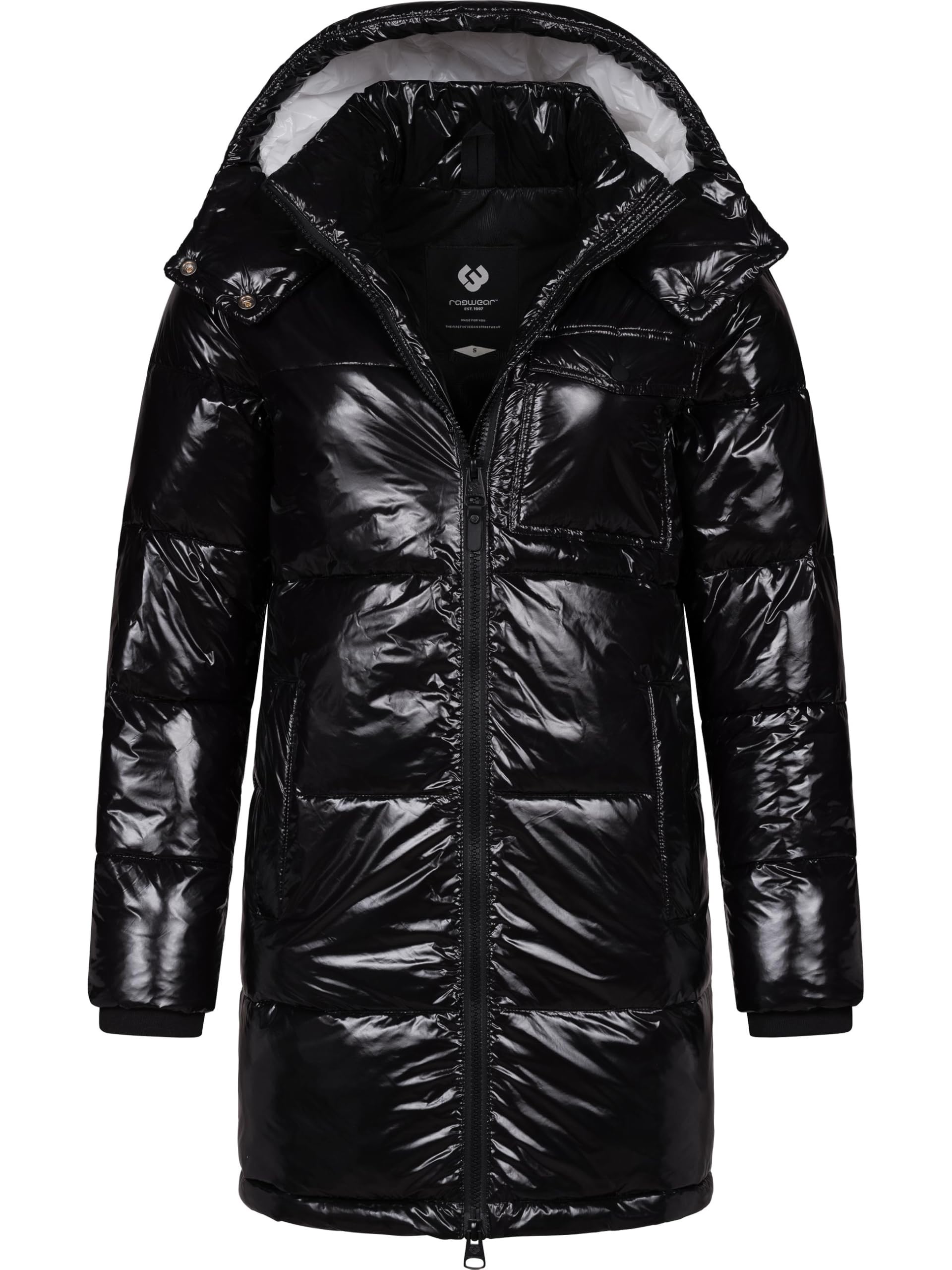 Ragwear Women's Black Youmodo Warm Winter Coat Shiny Quilted Coat Made Of Shiny Material With Hood Roobie Long Youmodo Xs-3Xl, M