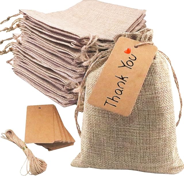 Gbateri 50 Pack Linen Burlap Bags with Drawstring Gift Bags 5x7 inch, Jute Bags, Small Hessian Bags, Jewelry Pouches Party Favor Bags Treat Bags with Strings, Tags for Christmas Wedding Birthday