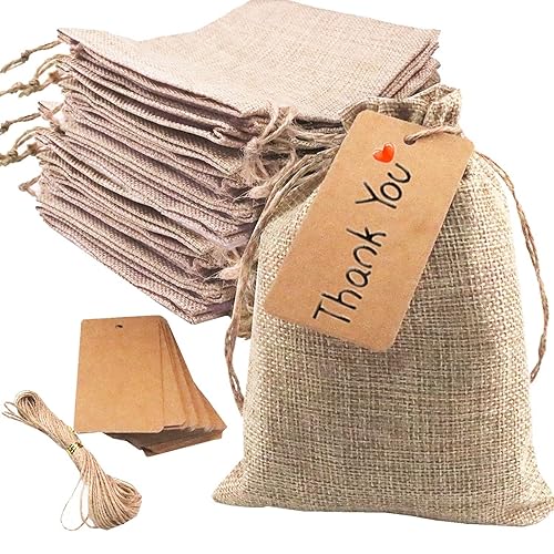 Gbateri 50 Pack Linen Burlap Bags with Drawstring Gift Bags 5x7 inch, Jute Bags, Small Hessian Bags, Jewelry Pouches Party Favor Bags Treat Bags with Strings, Tags for Christmas Wedding Birthday - Brown