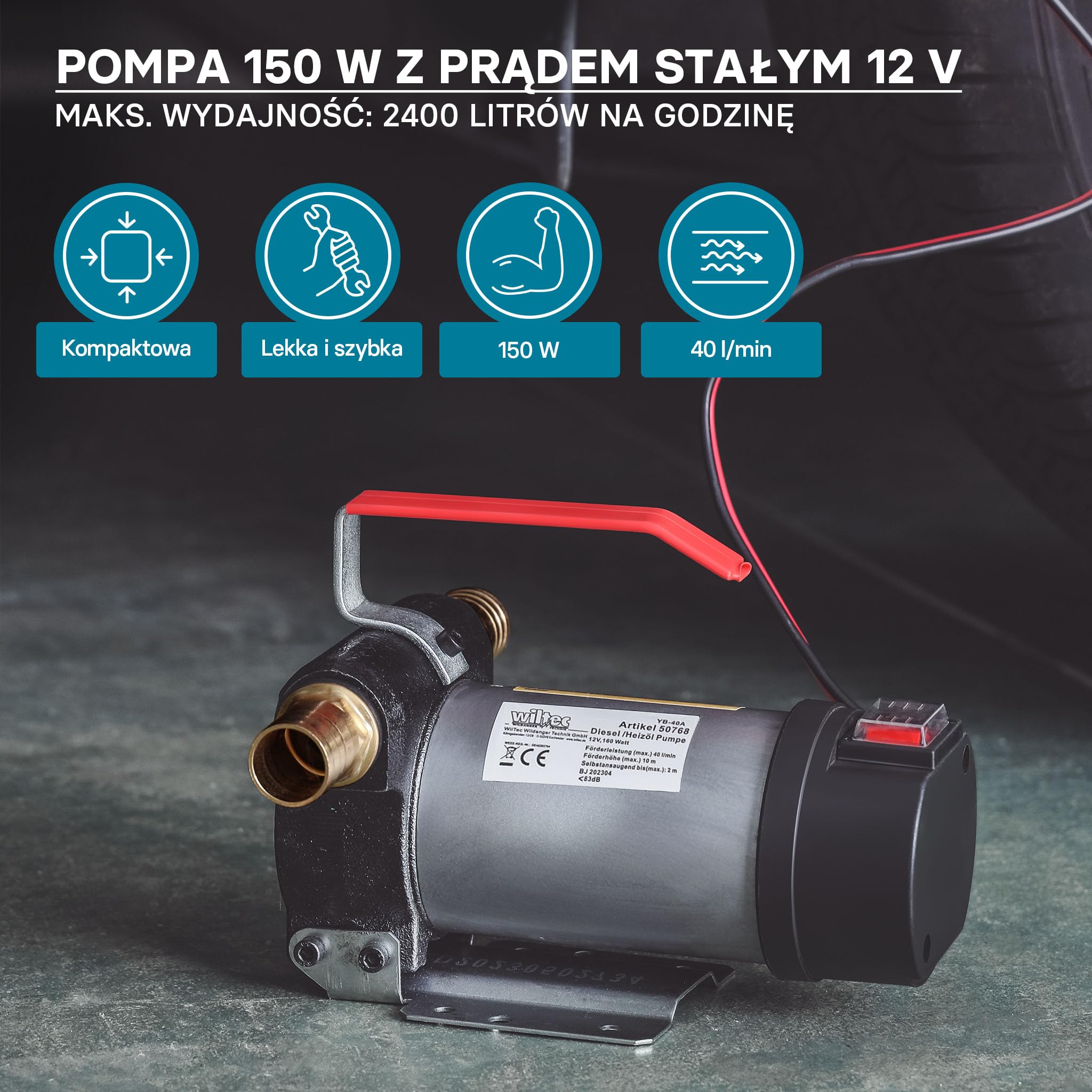 Wiltec Pompa do oleju napędowego, opałowego 150 W 40 l/min, przenośna z zaciskami krokodylkami do akumulatora