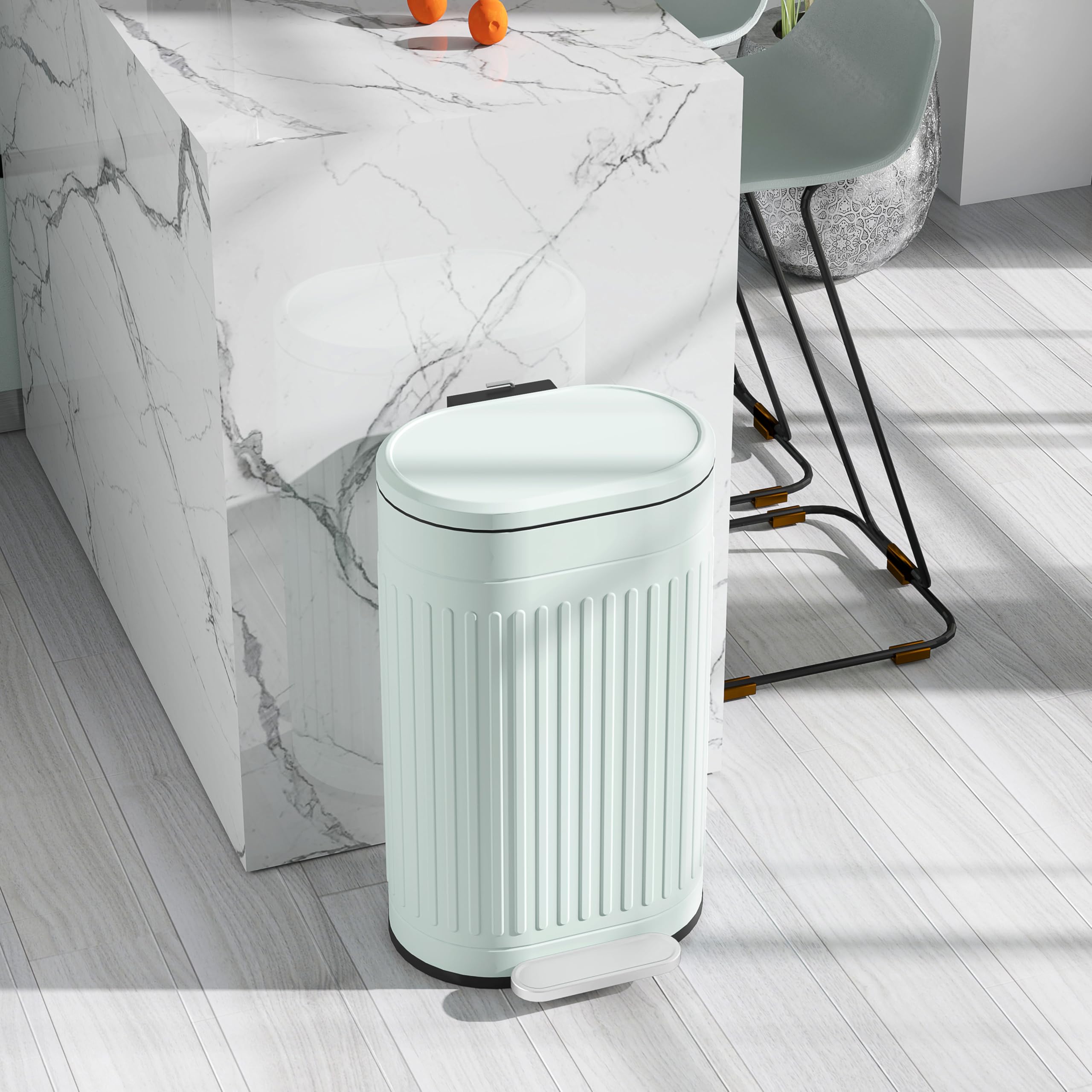 HOMCOM Papelera con pedal 30L, antihuellas, tapa soft-close, verde claro | Papelera de cocina metálica, pedal, cubo interior extraíble
