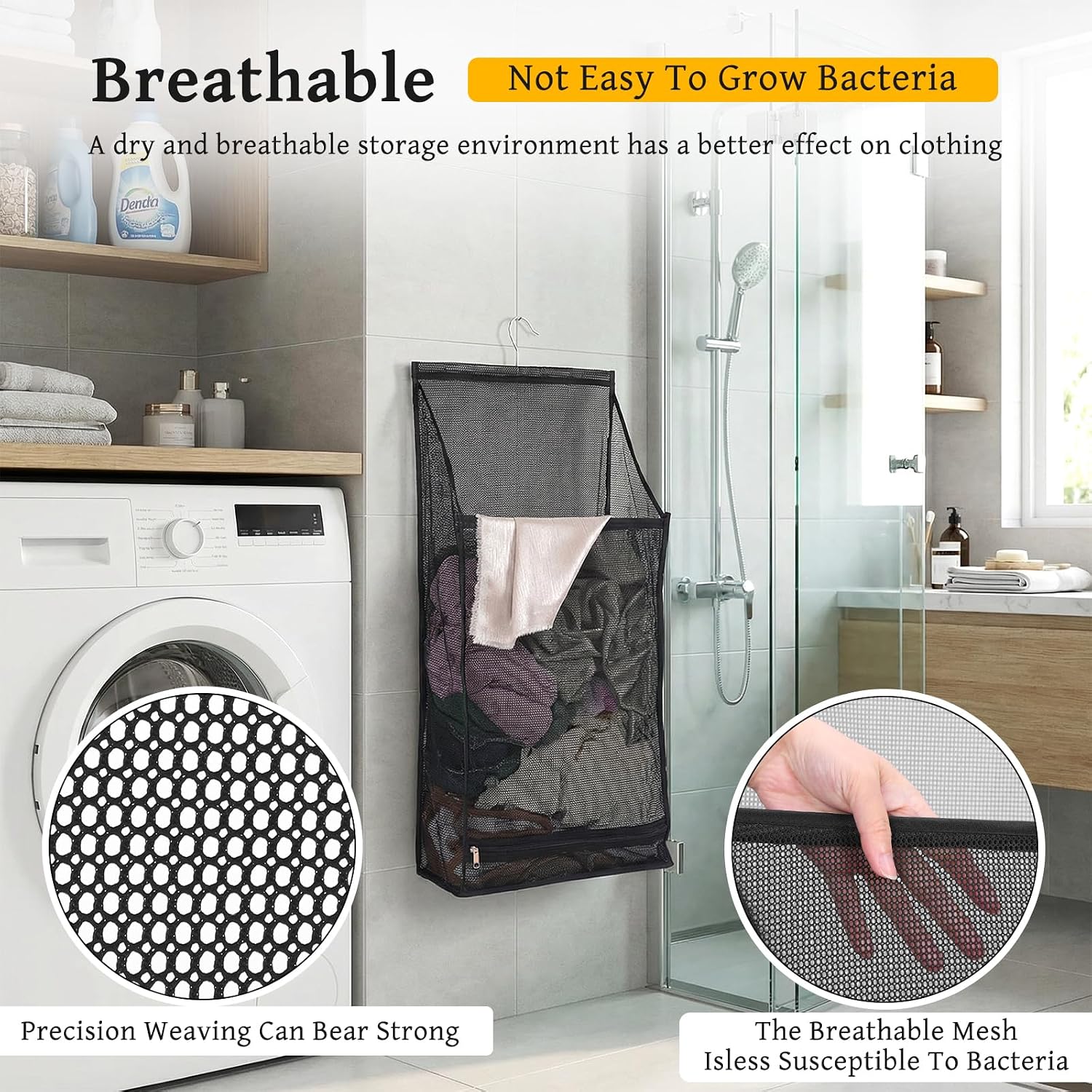 2-Pack Hanging Laundry Hamper, Foldable Breathable Mesh Dirty Clothes Basket with Rotating Hook for Bathroom, Dorm, RV - Space Saving Storage Organizer (Black)