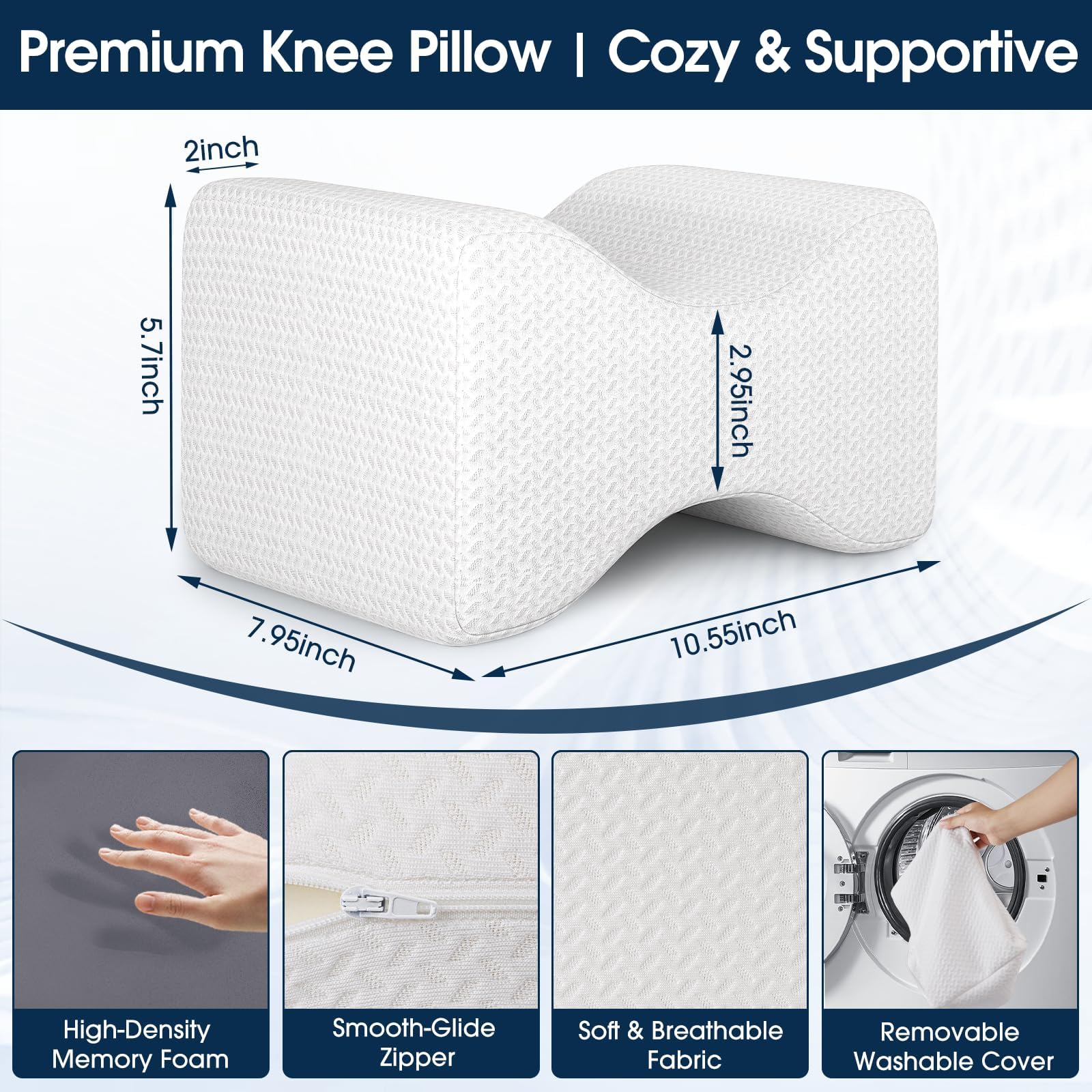 BlissTrends Almohada de rodilla de espuma viscoelástica, almohada de rodilla para dormir de lado, almohadas de piernas para dormir, almohada de elevación para aliviar la columna vertebral torcida,