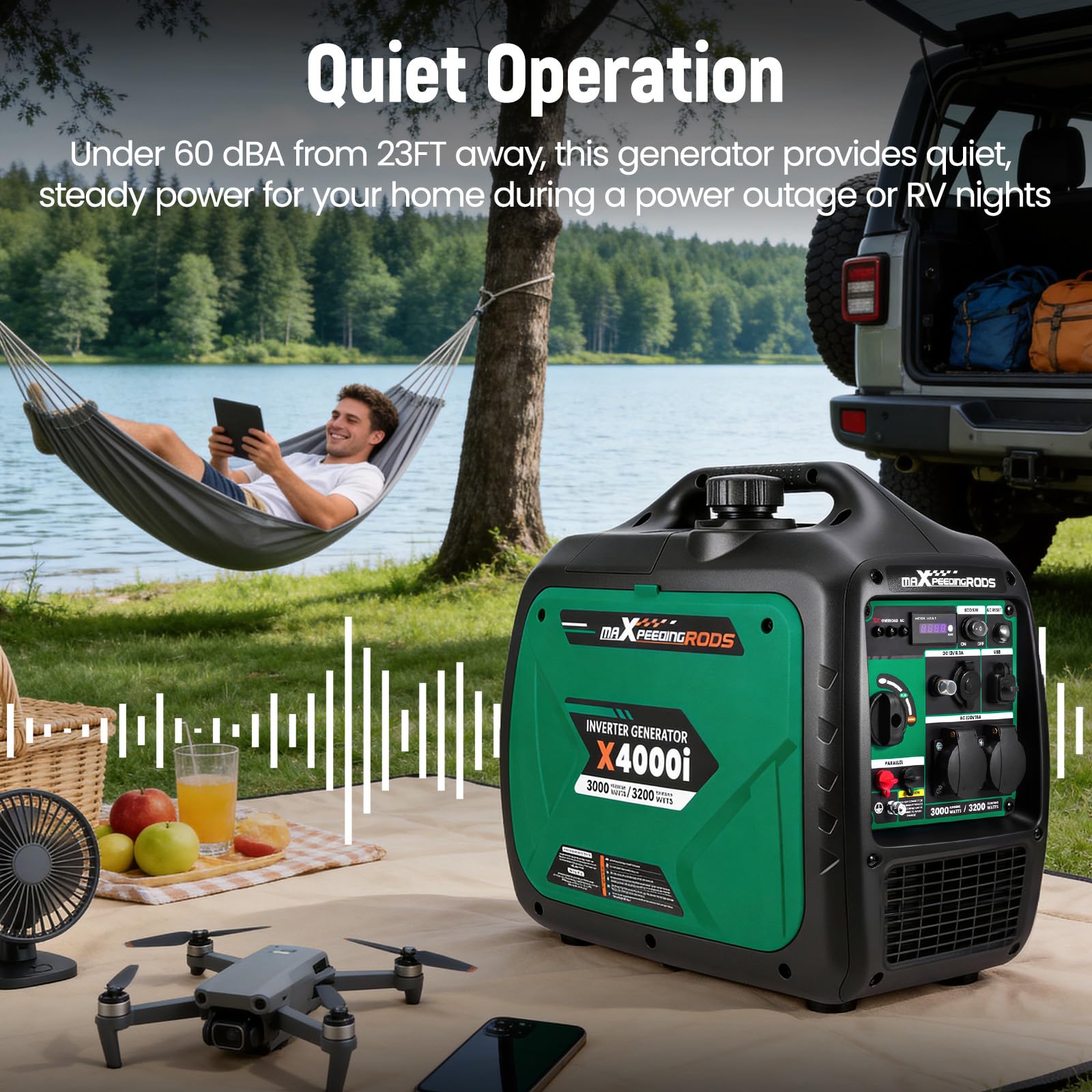 maXpeedingrods Générateur Inverter portable à essence 3200 W — Idéal pour le camping, les fêtes et les réunions en plein air — Équipé de 2 prises 230 V/16 A, 2 ports USB et 1 prise 12 V CC