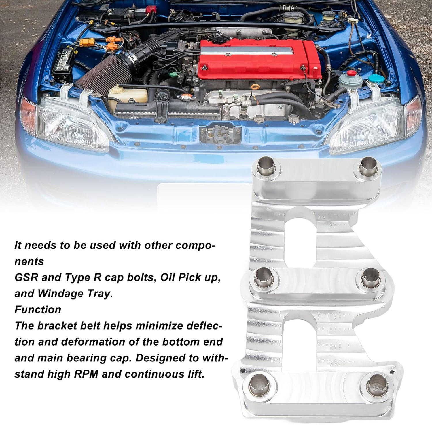 Engine Main Block Girdle, 7075 T6 Aluminum Engine Main Block Girdle Engine Motor Mount Block Girdle for B16, B18A B and B20 Engines, Without Installation Tools