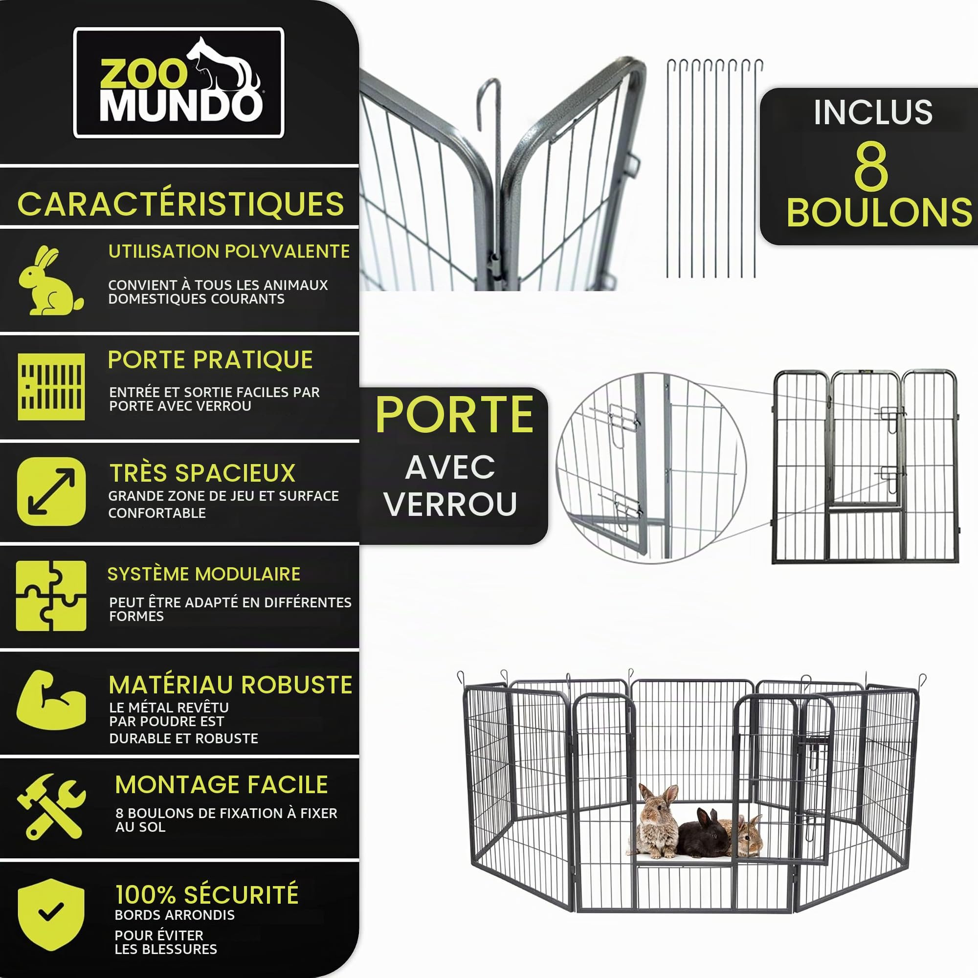 zoomundo Parc Enclos 100cm Haute pour Chiens Métal pour Chiots Animaux Grillage Rongeur Petit avec Porte 8 Panneaux - XL
