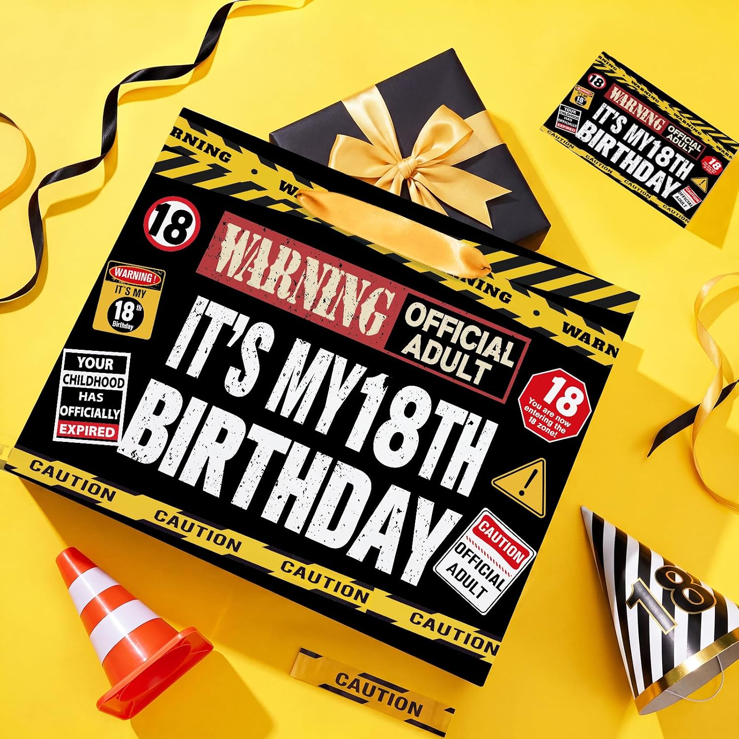 18th Birthday Gift Bag Official Adult Warning Logo Themed 18 Year Old Birthday Party Favor Bag Caution Sign 18th Decoration Gift Bags Wrapping Paper Card Teen Boys Girls Adulting Childhood Expired 18 Zone image 3