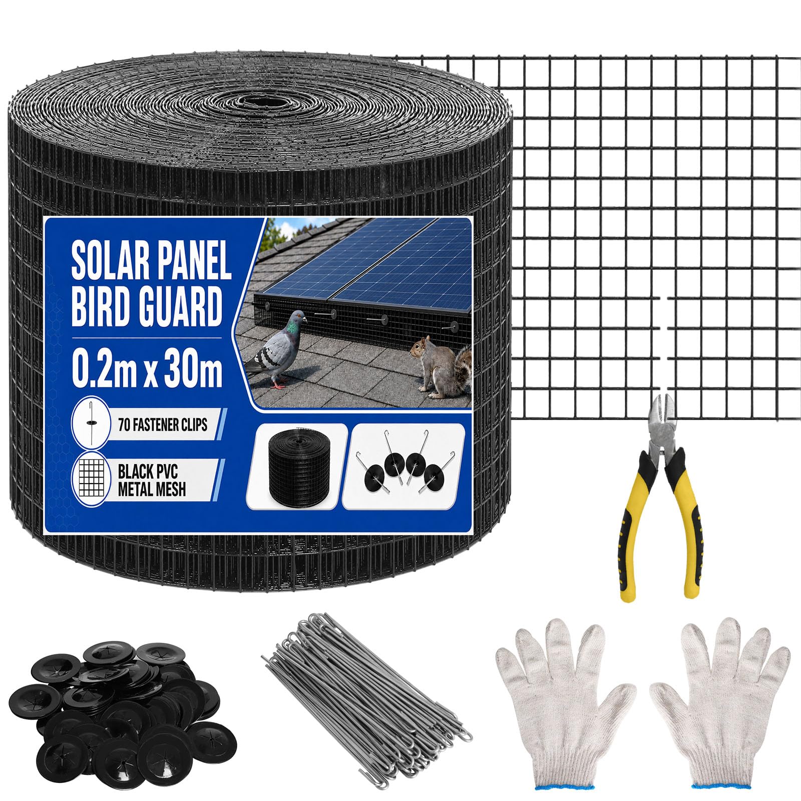 Solar Panel Bird Mesh Kit 8in*100ft Bird Deterrent PVC Wire Gekufa, Bird Guard for Solar Panel Proofing to Prevent Pigeons Nesting Under Roof with 70pcs Stainless Steel Fasteners, 6in Plier and Gloves