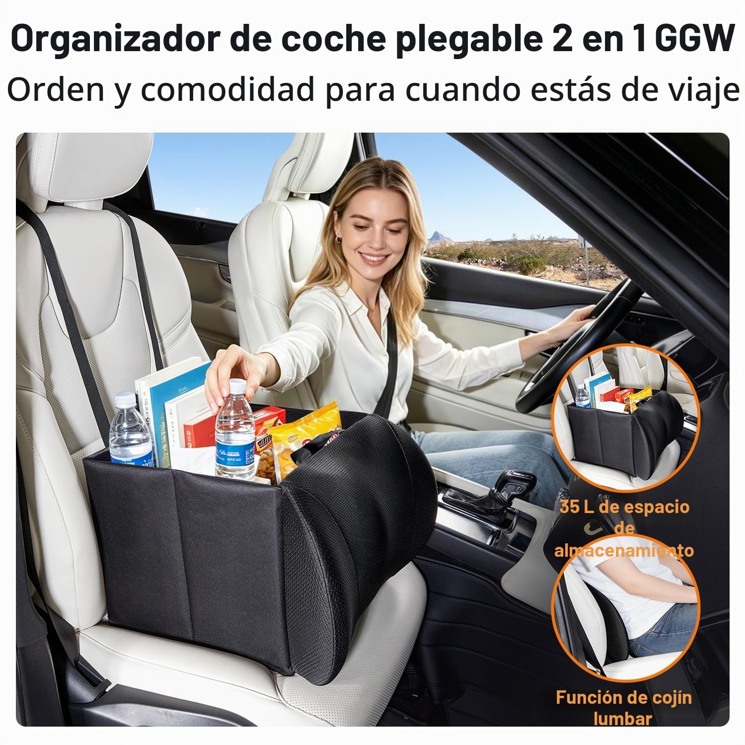 GGW Organizador plegable 2 en 1 para asiento del copiloto con cojín lumbar | Caja plegable resistente como solución de asiento y almacenamiento. Adecuado para coches, coches, SUV y camionetas