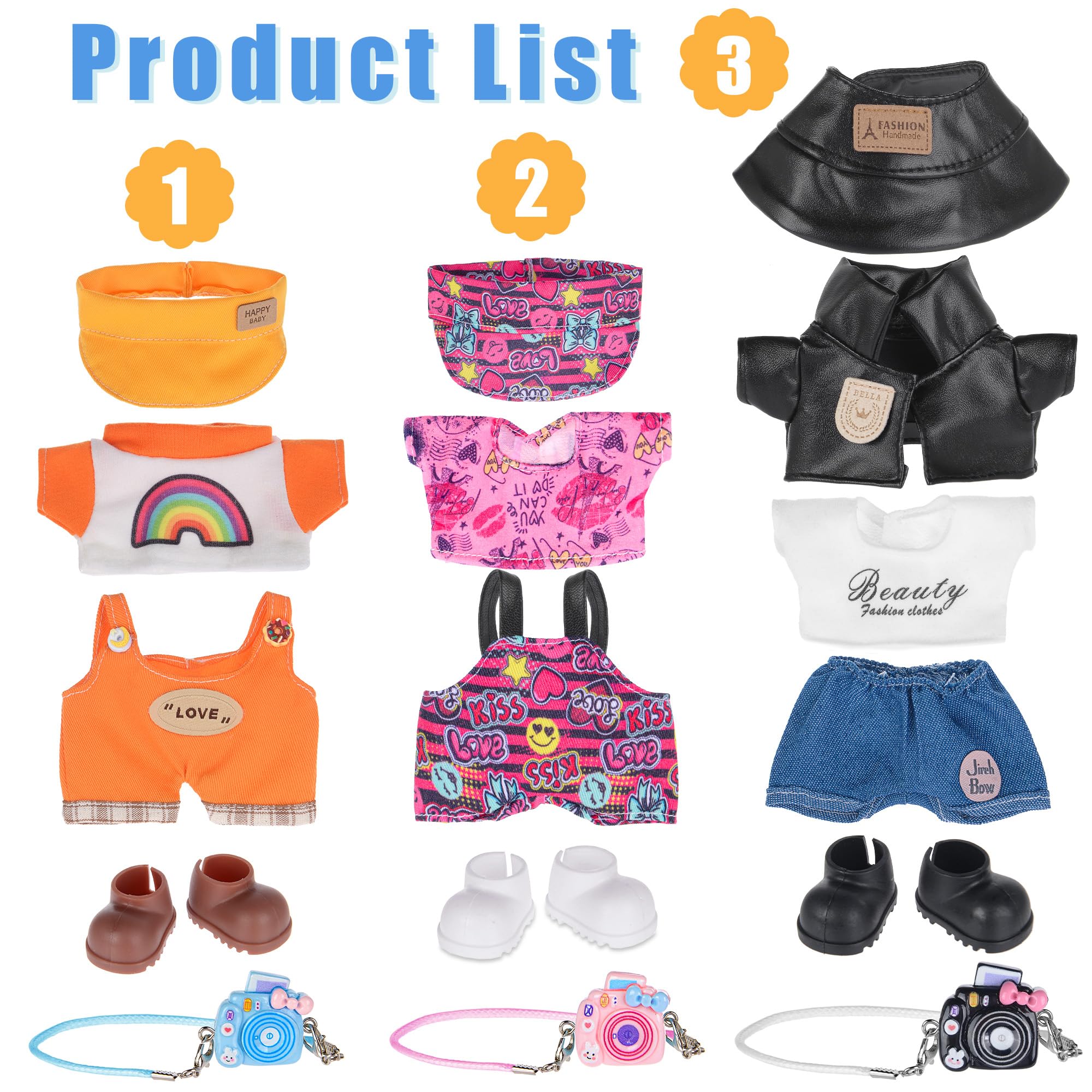 Total 3 Set 17cm Dolls Clothes and Accessories Include: 3 Hats, 3 Rompers, 3 Tops - Image 2