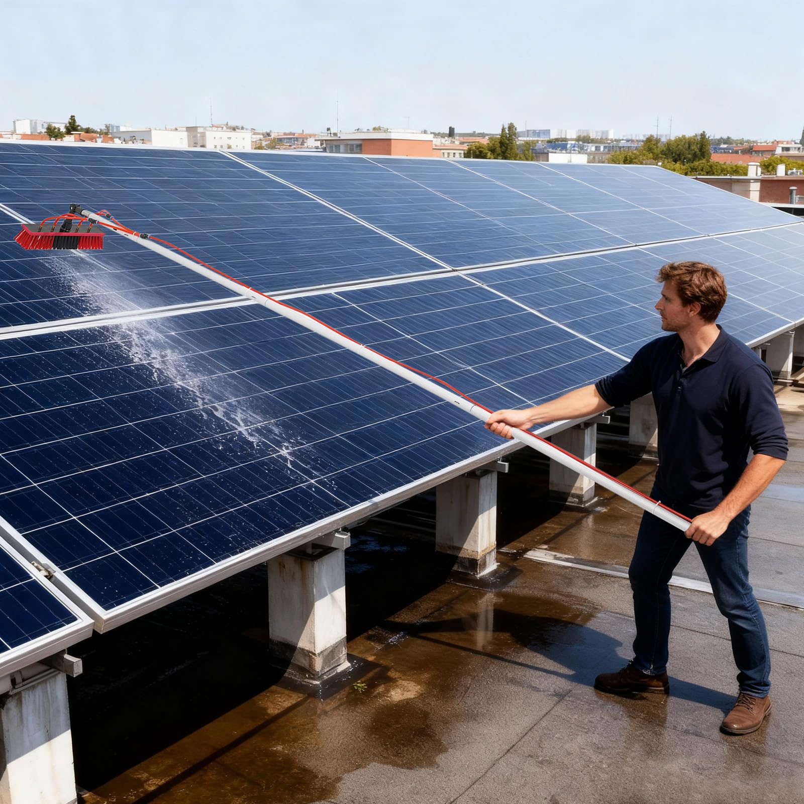 Cepillo de lavado telescópico de 3 m – Limpiador de aluminio PV con conexión de agua y cabezal de cepillo de 35 cm, cepillo de limpieza solar para fotovoltaicos, ventanas, tejados de terraza