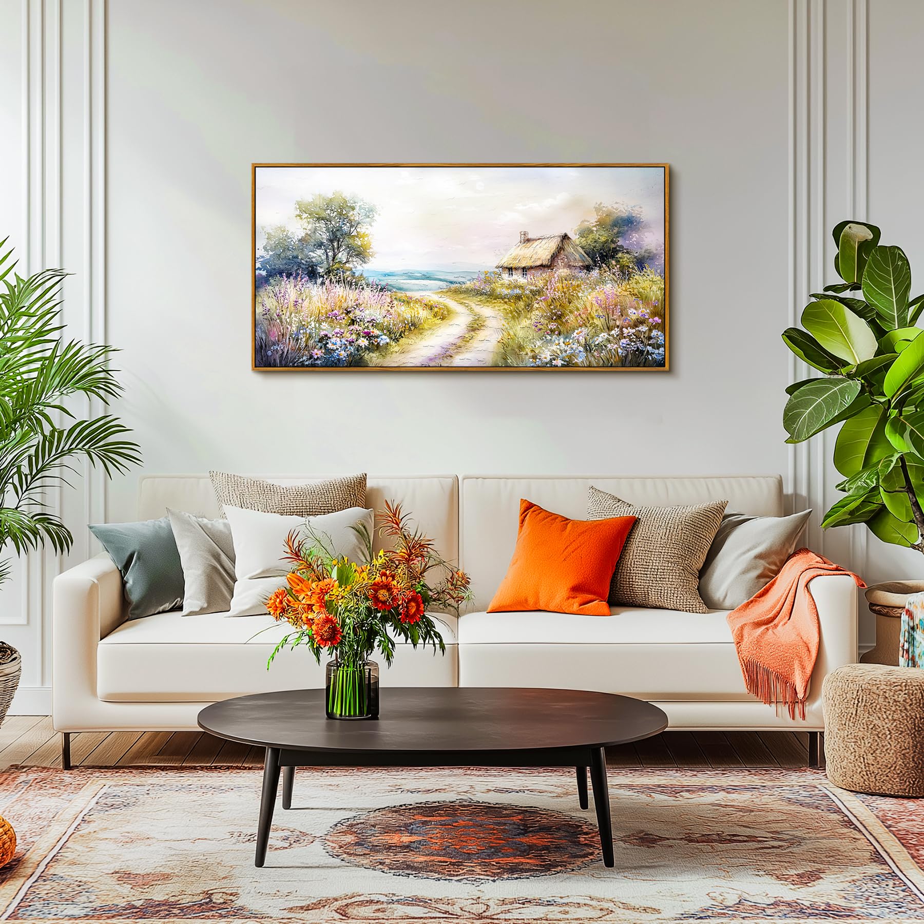 MHARTK66 Landweg Bilder Mit Rahmen Holz, Landschaft Leinwand Bild Aesthetic, 50x100 cm Groß Wandbilder Wohnzimmer, Modern Wanddeko Kunstdruck Schlafzimmer Esszimmer Flur Büro Küche Badezimmer