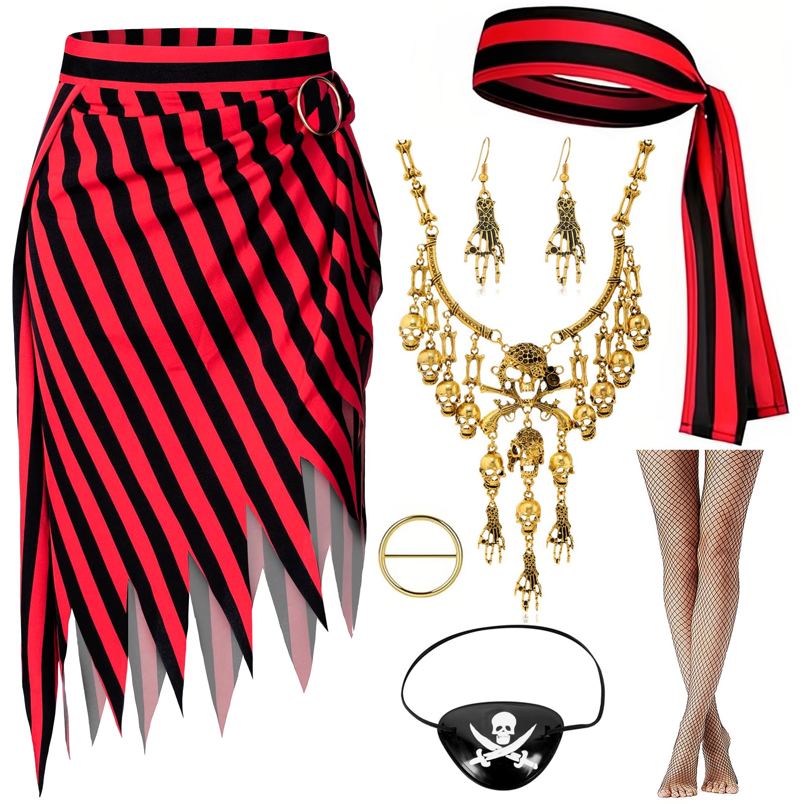 Acehome Women's Pirate Costume Accessories Set - Renaissance Pirate Outfit with Skirt, Headscarf, Hat, Eye Patch for Women & Men Cosplay Role Play Set