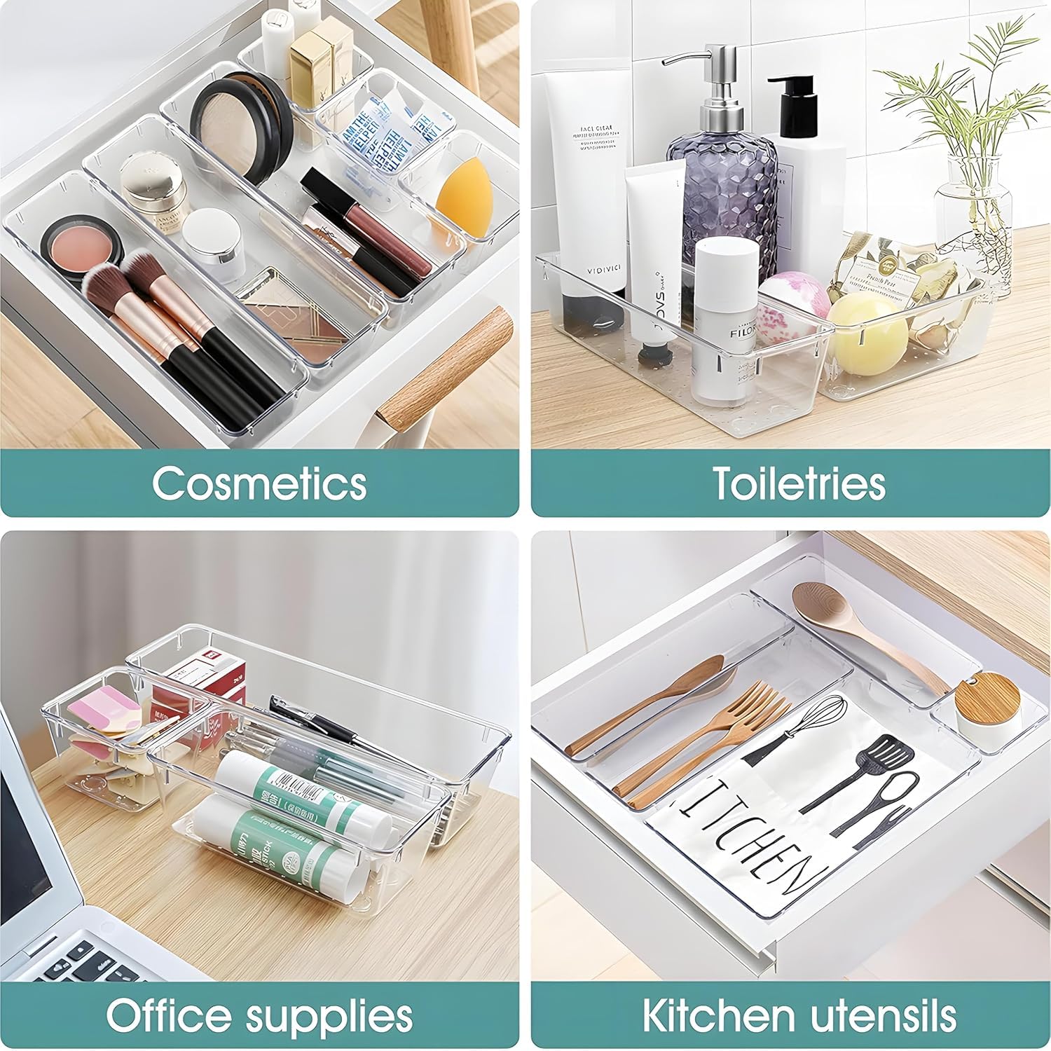 Kuber Industries Set organizer da cucina, set di vassoi organizer per trucchi, vassoio divisorio per cassetto da scrivania, set organizer multiuso, organizer per cancelleria, set da 16 pezzi,