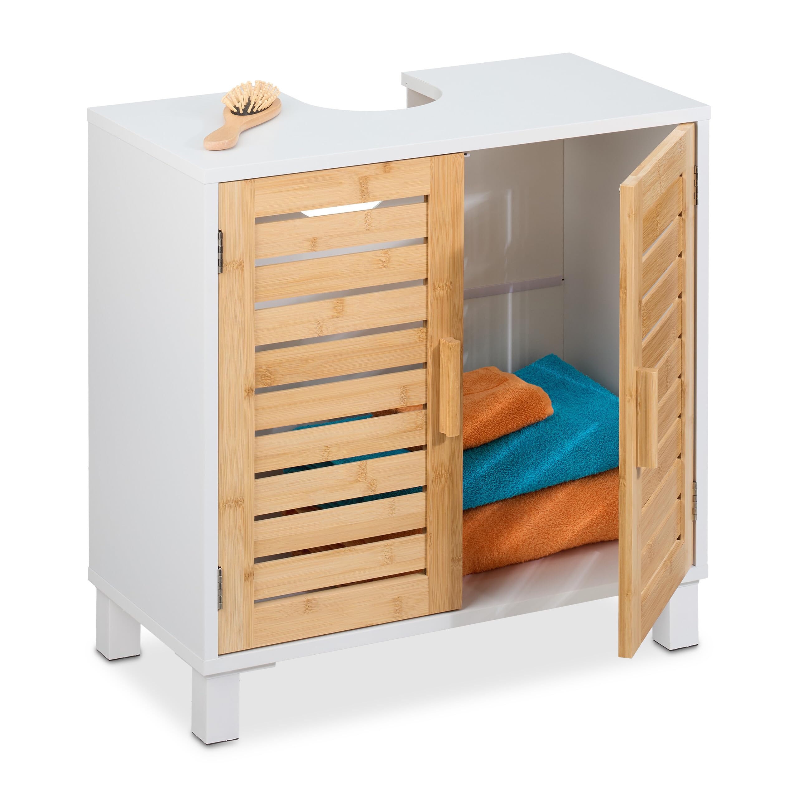 Relaxdays badkamerkast, 3 vakken, staand, HxBxD: 96,5 x 30 x 30 cm, smal badkamermeubel met rotan deur, wit/natuur