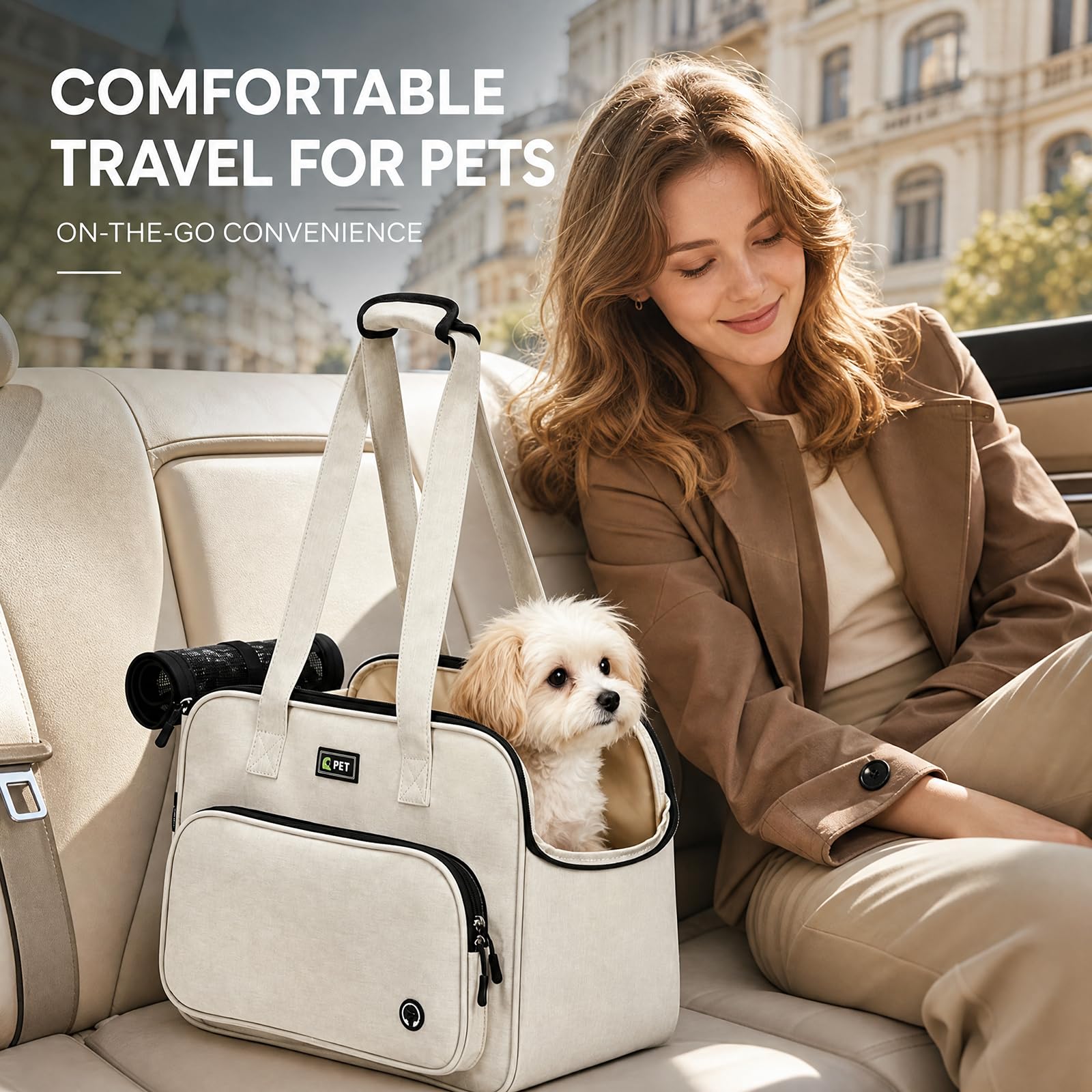 Bolsa de transporte Oxford para mascotas, color blanco crema para