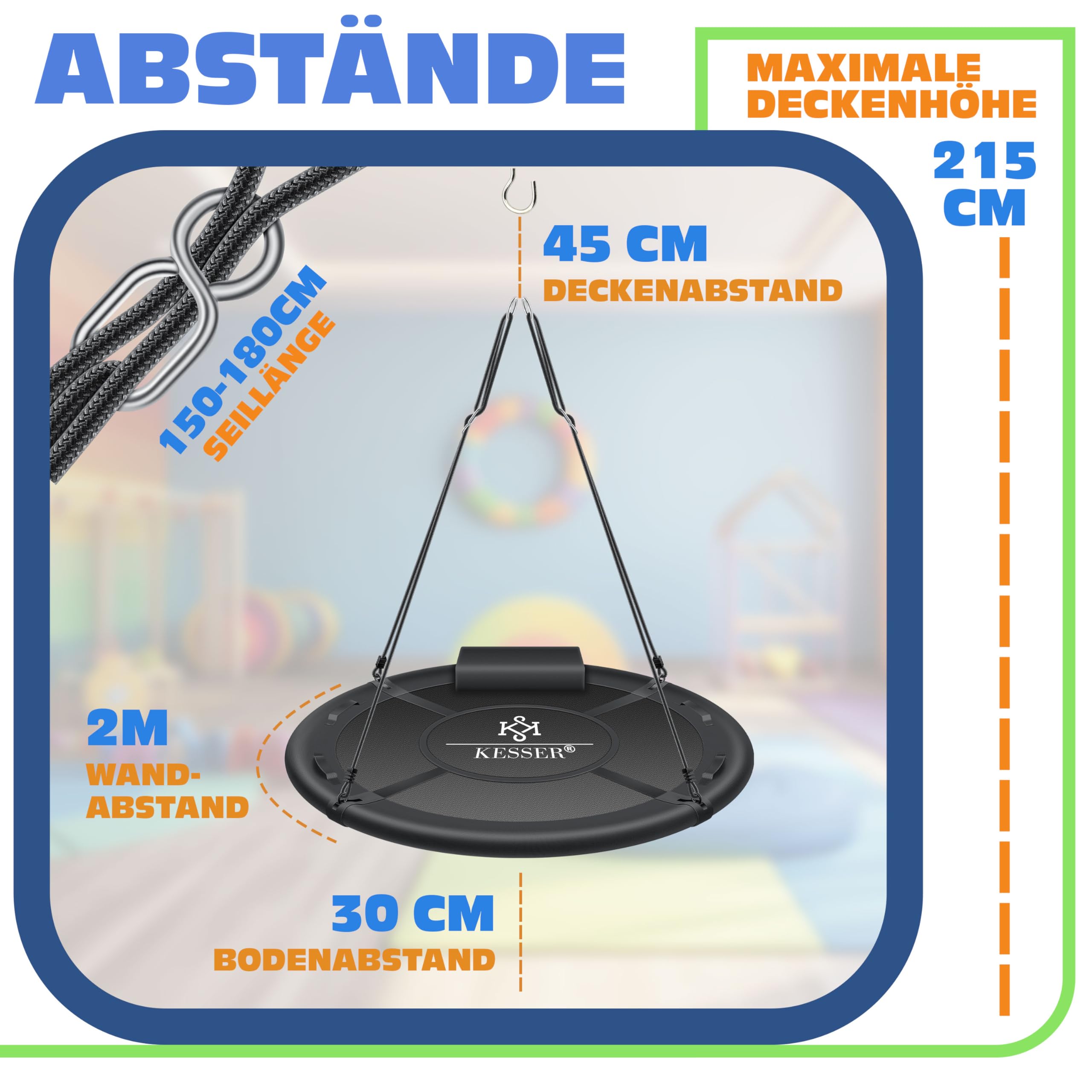 KESSER® Columpio nido, columpio redondo, diámetro de 120 cm, soporta hasta 300 kg, con cojín y 4 asas, ajustable, para interior y exterior, para niños y adultos, antracita