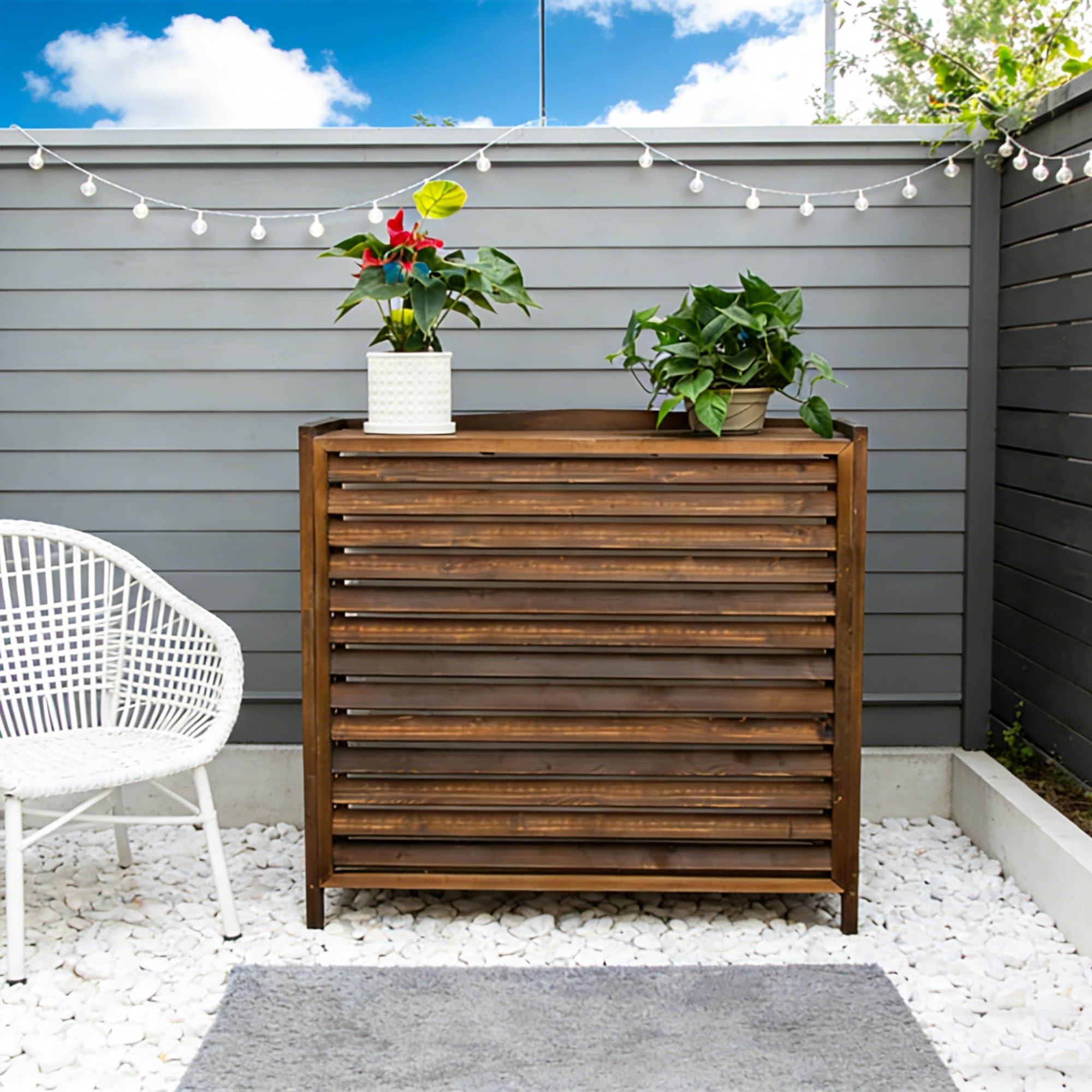 Cache Pompe a Chaleur Extérieur Bois Cache Climatiseur Extérieur Marron Support De Climatiseur En Bois Jardin Housse Pompe a Chaleur Conception Cachée De Climatisation Décoration Balcon(110x50x85cm)
