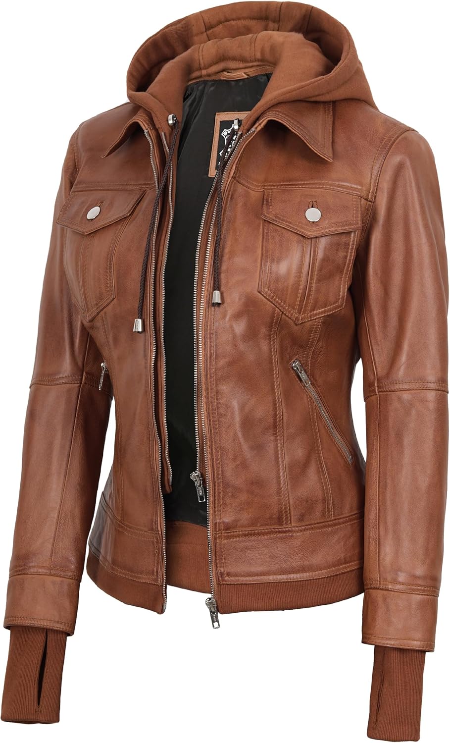 Decrum Hooded Leather Jacket for Women Winter Fashion Bomber Leather Jacket