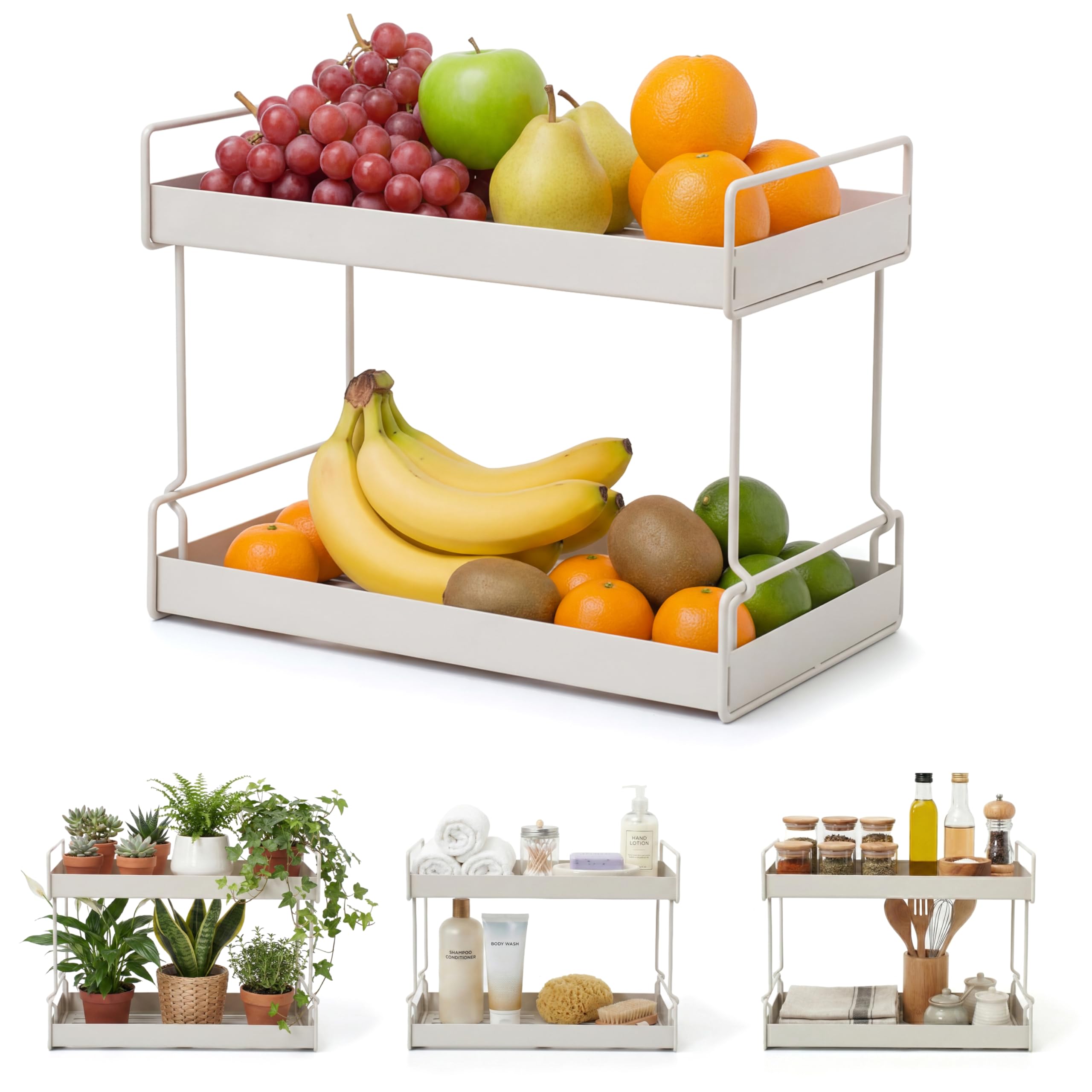 2-Tier Fruit Basket for Kitchen Counter – Gray Powder Coated Metal Fruit Stand – Minimal Scandinavian Design Countertop Organizer for Fruits, Vegetables, Bread, Snacks – Sturdy & Easy Assembly