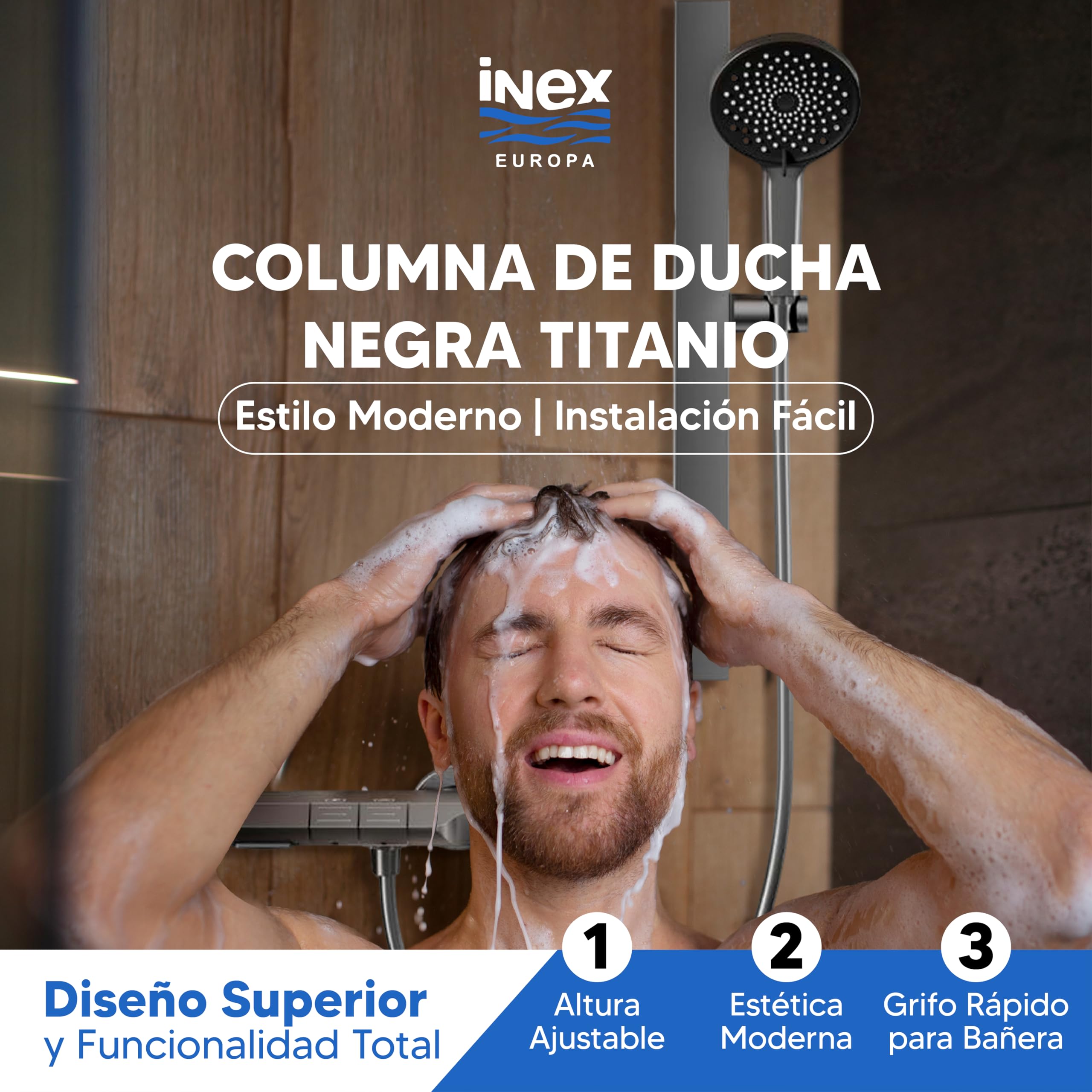 INEX EUROPA Columna de Ducha Negra Titanio con Grifo y Ducha de Mano Ajustable - Columna Ducha con Barra a Pared Graduable - Columna con Alcachofa Fácil de Instalar - 10 Años de Garantía