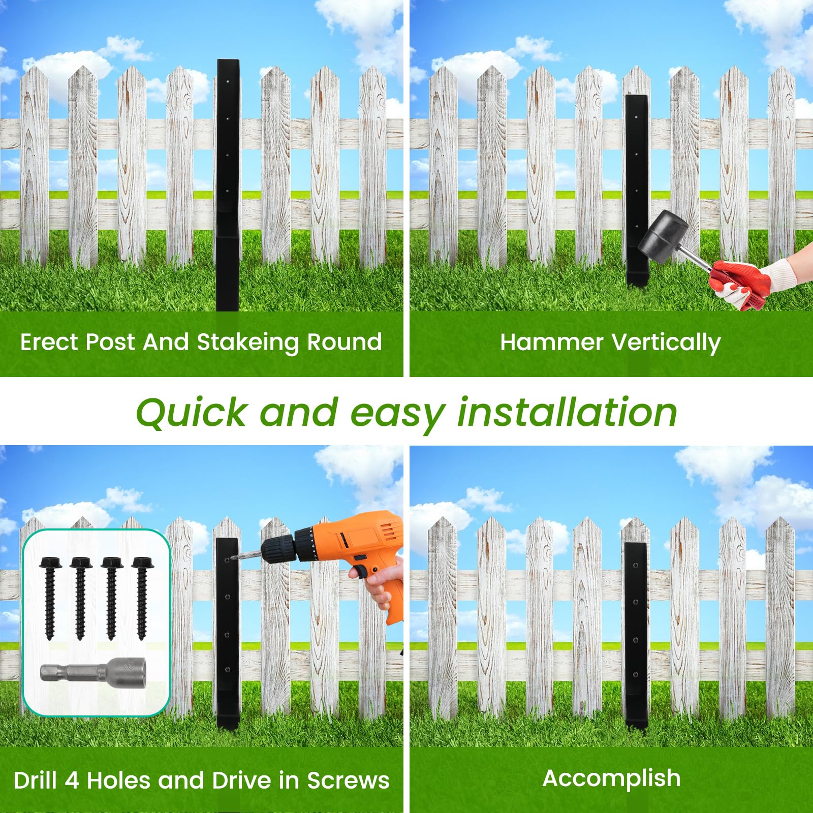 2 Pack Heavy Duty 88CM Fence Post Repair Stakes - Galvanised Steel Ground Spikes for Tilted/Broken Wooden Fence Posts - Includes Screws & Installation Tools — view 4